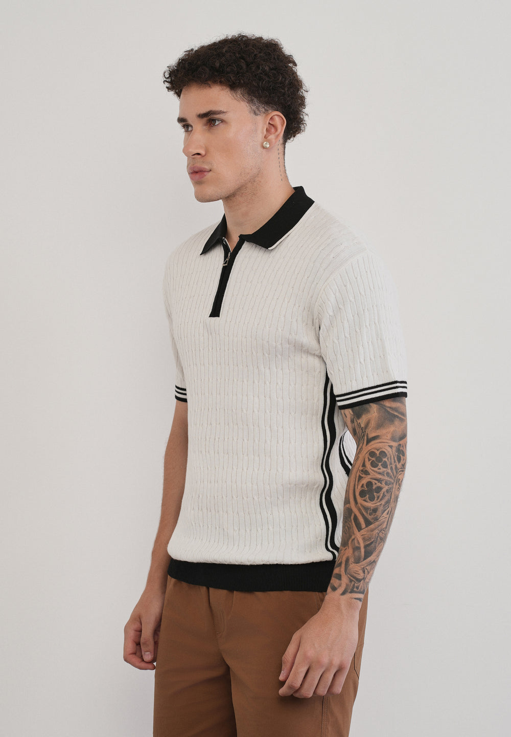 Cotton Quarter Zipper Cable Knitted Polo
