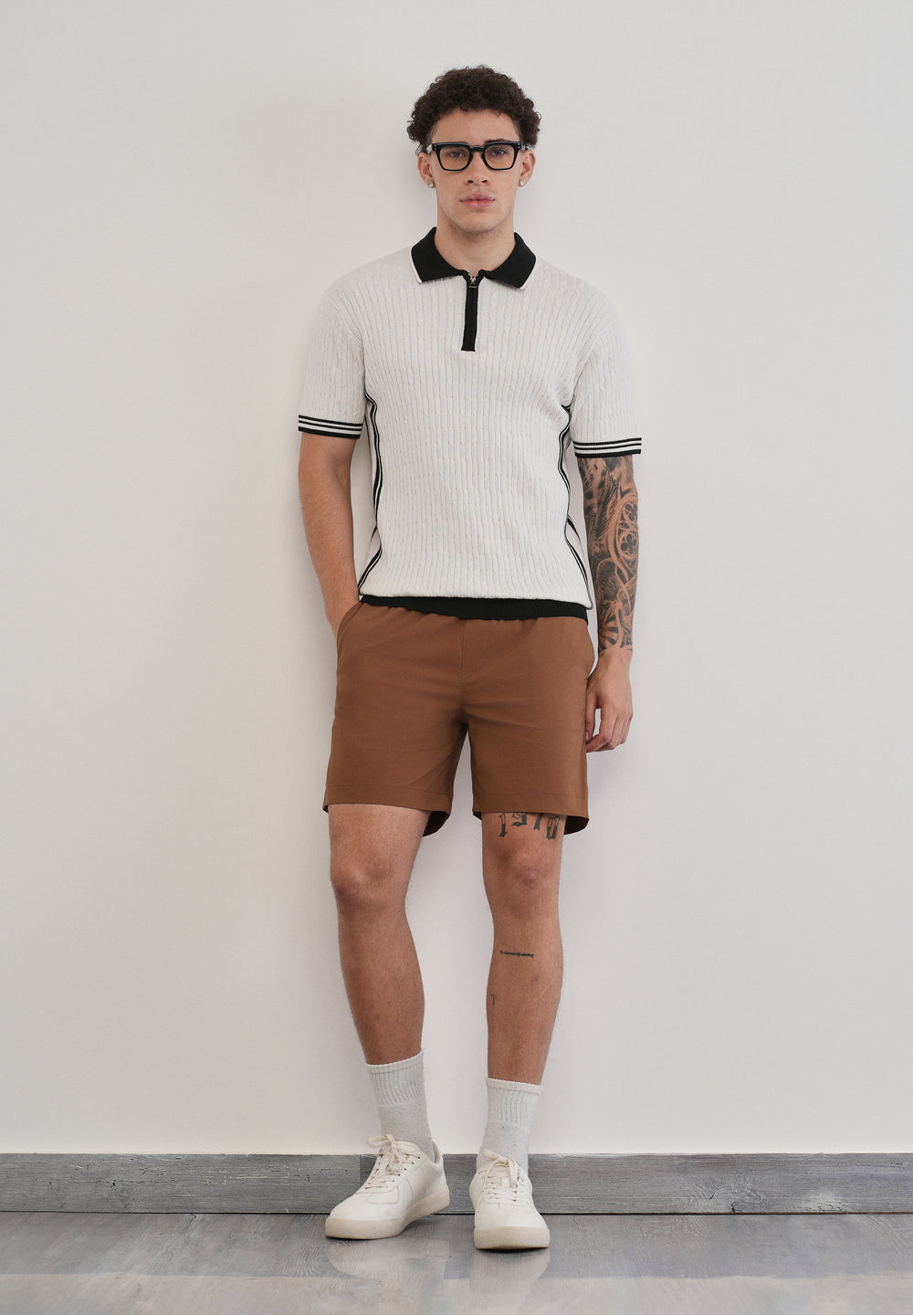 Cotton Quarter Zipper Cable Knitted Polo