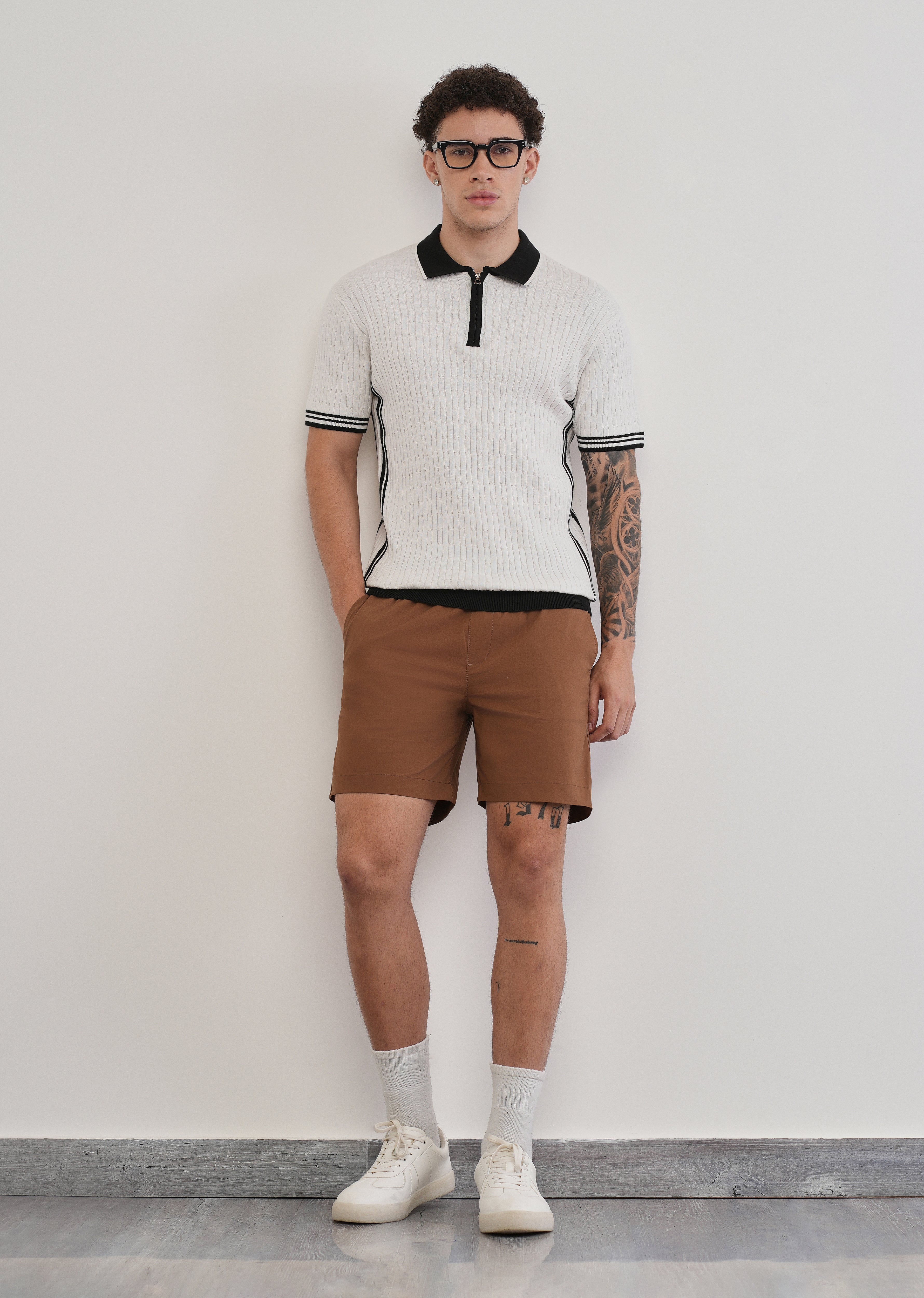 Cotton Quarter Zipper Cable Knitted Polo