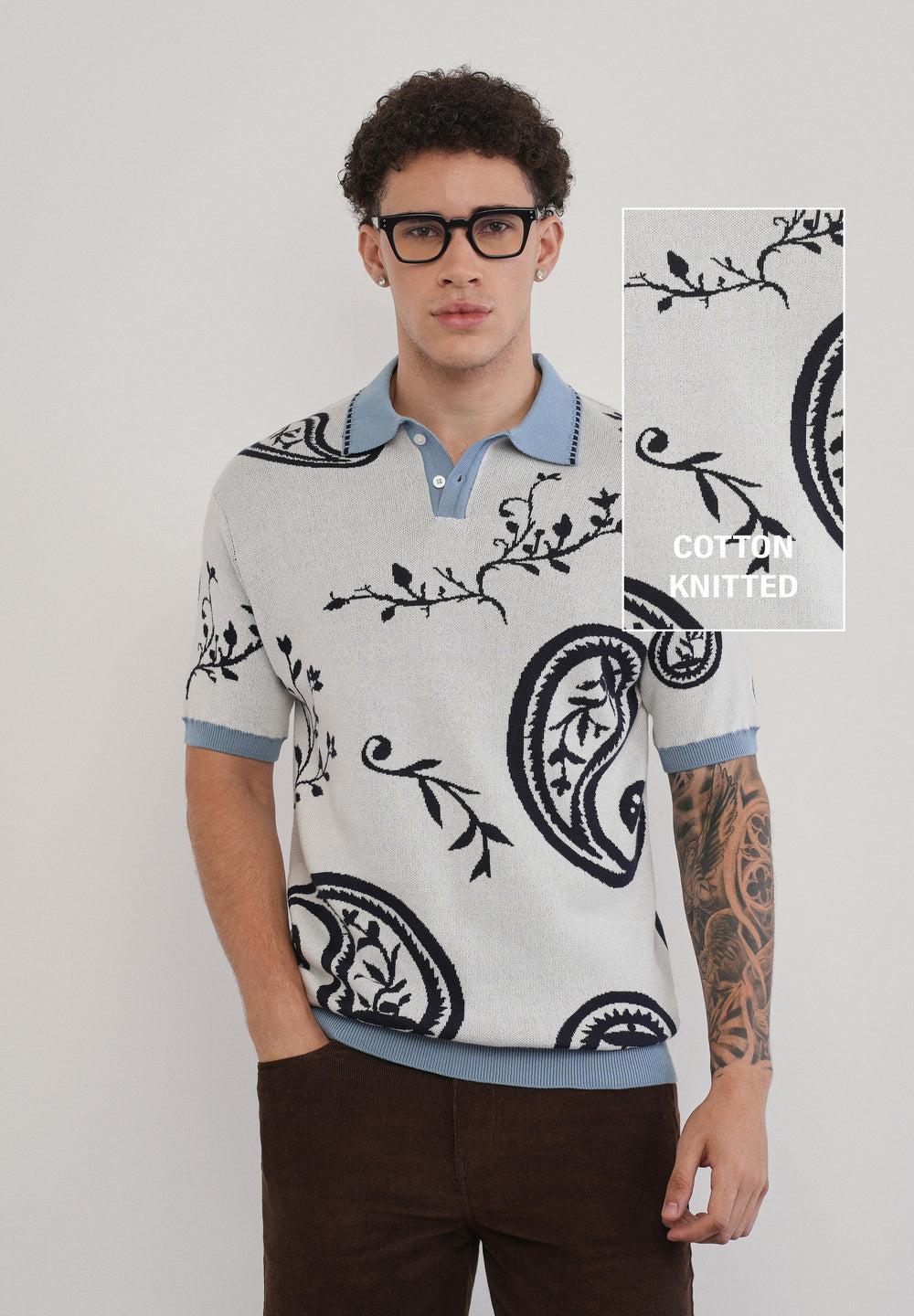 Cotton Off-White Paisley Knitted Polo