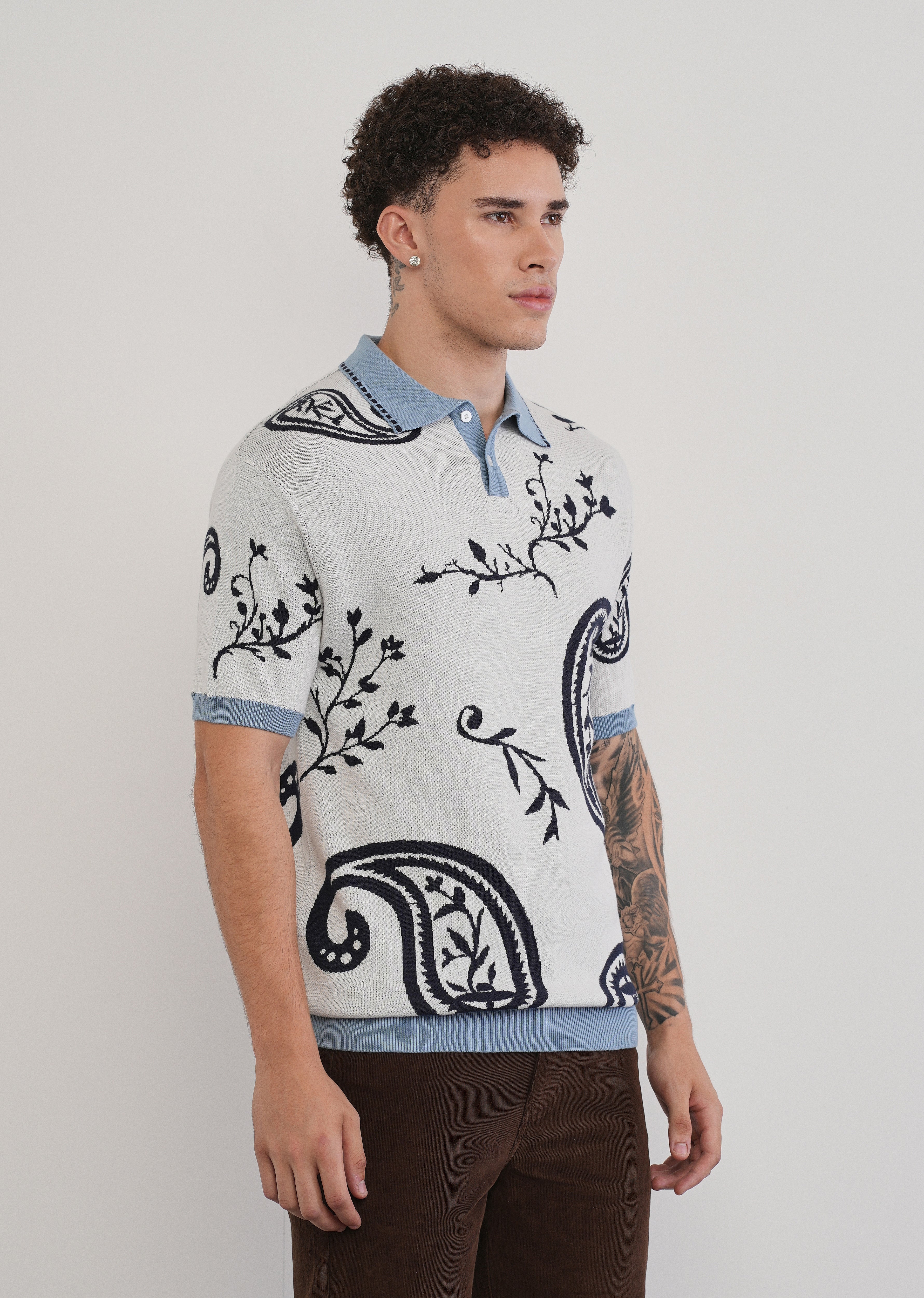 Cotton Off-White Paisley Knitted Polo