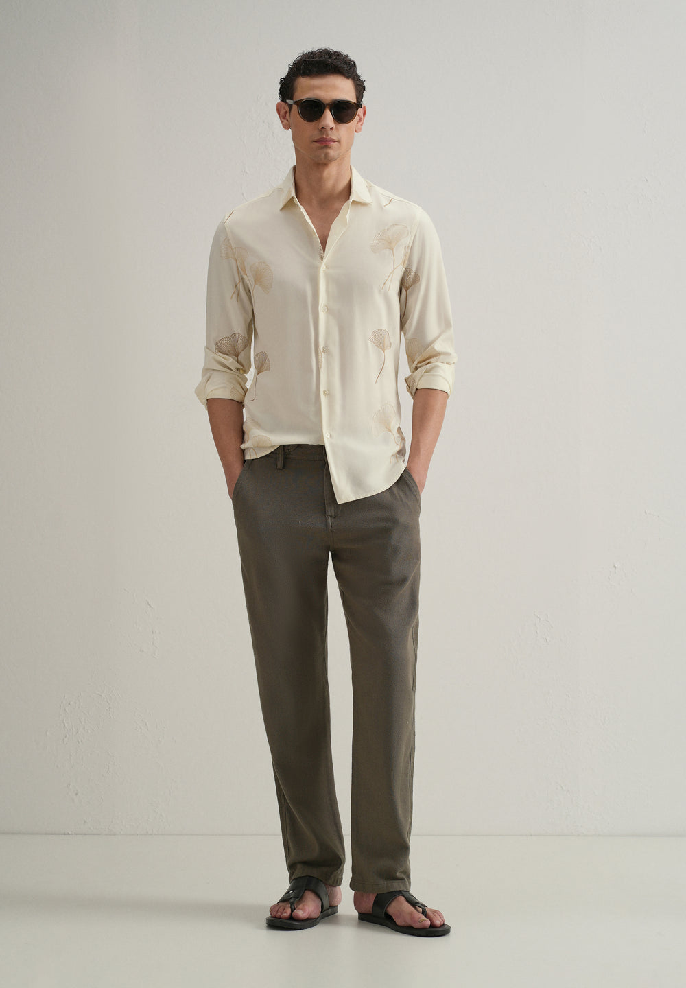 Cream Abstract Leaf Embroidery Shirt