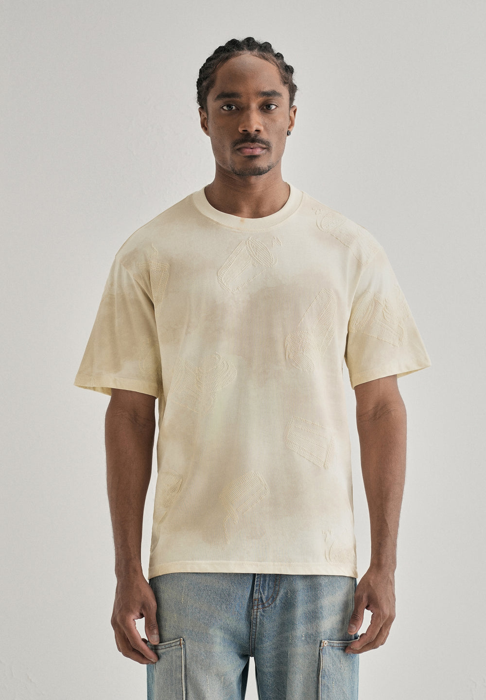 Cream Beige Printed Oversized T-shirt