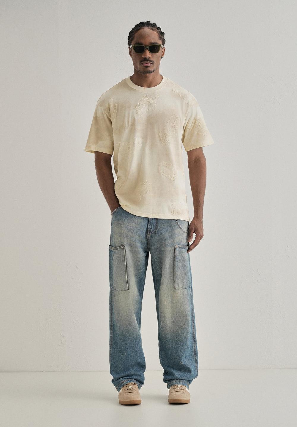 Cream Beige Printed Oversized T-shirt