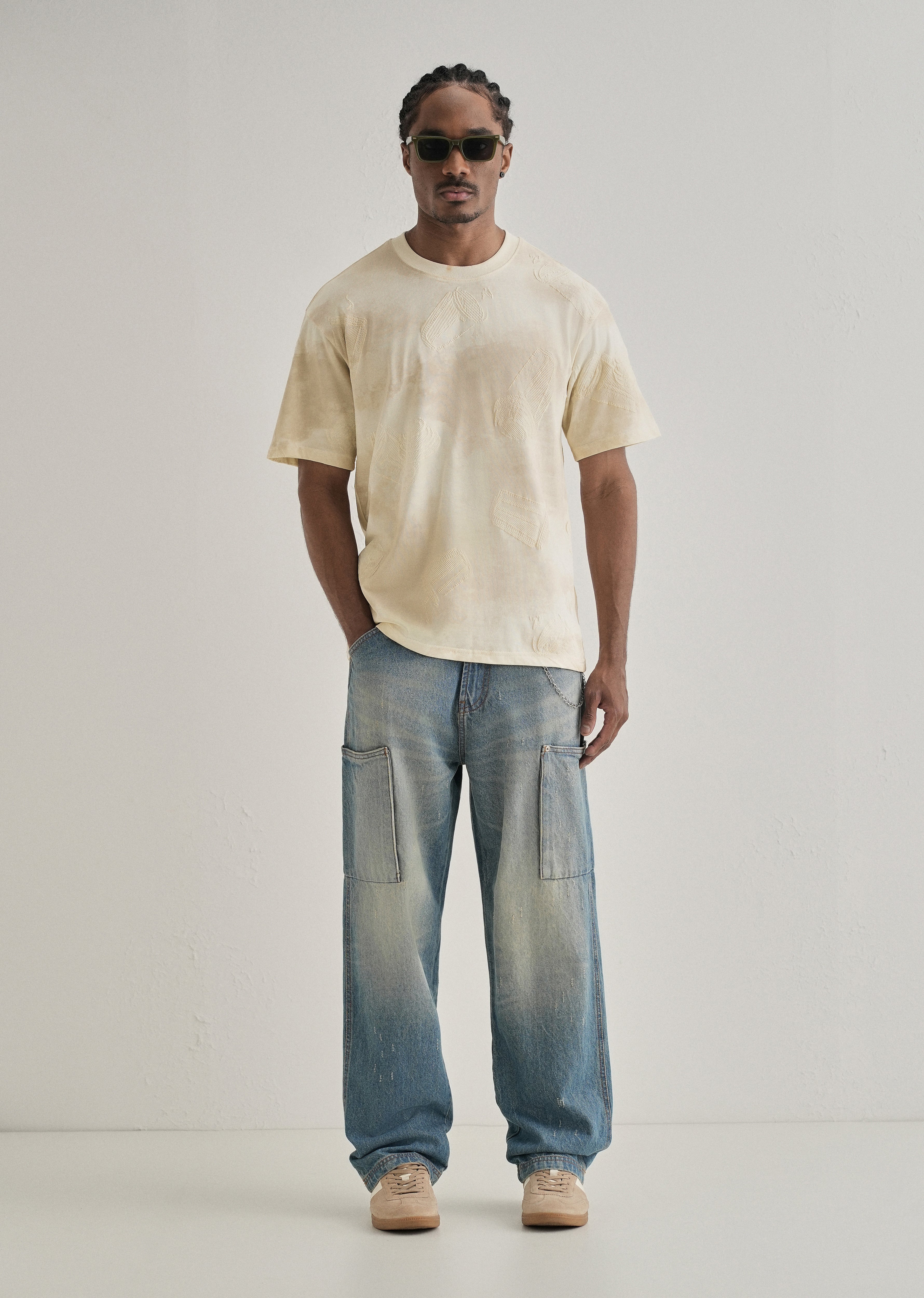 Cream Beige Printed Oversized T-shirt