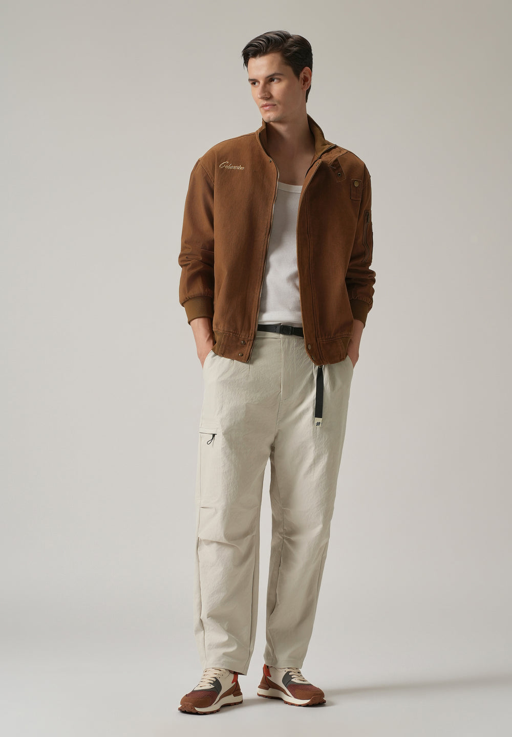 Cream Twill Belt Relaxed Fit Pant