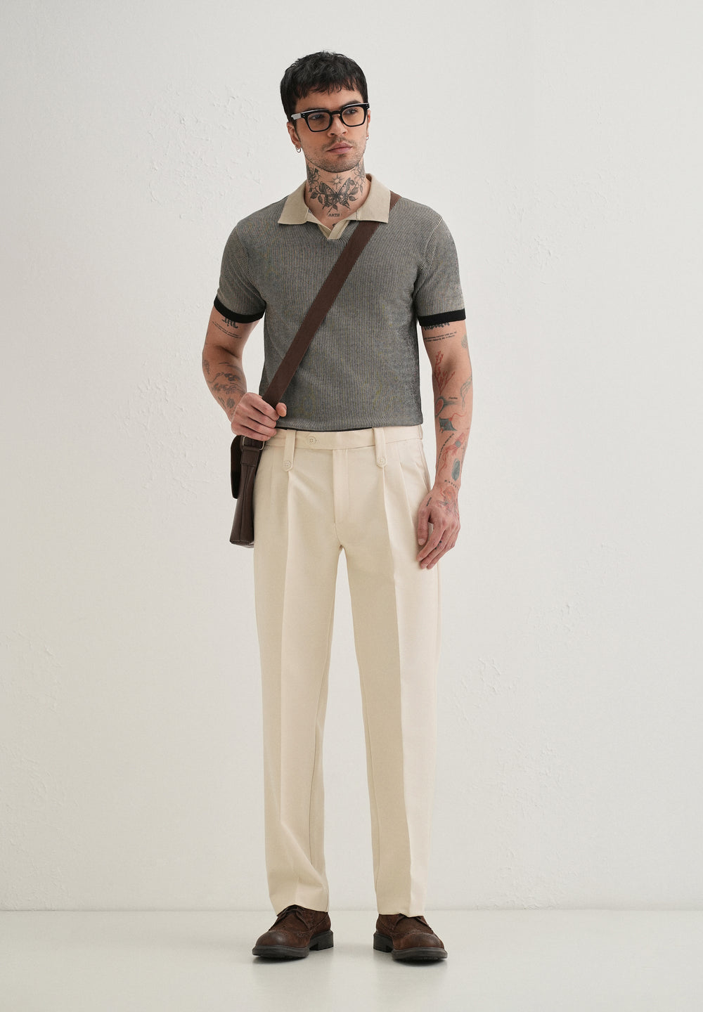 Cream Button-Tab Pleat Trouser