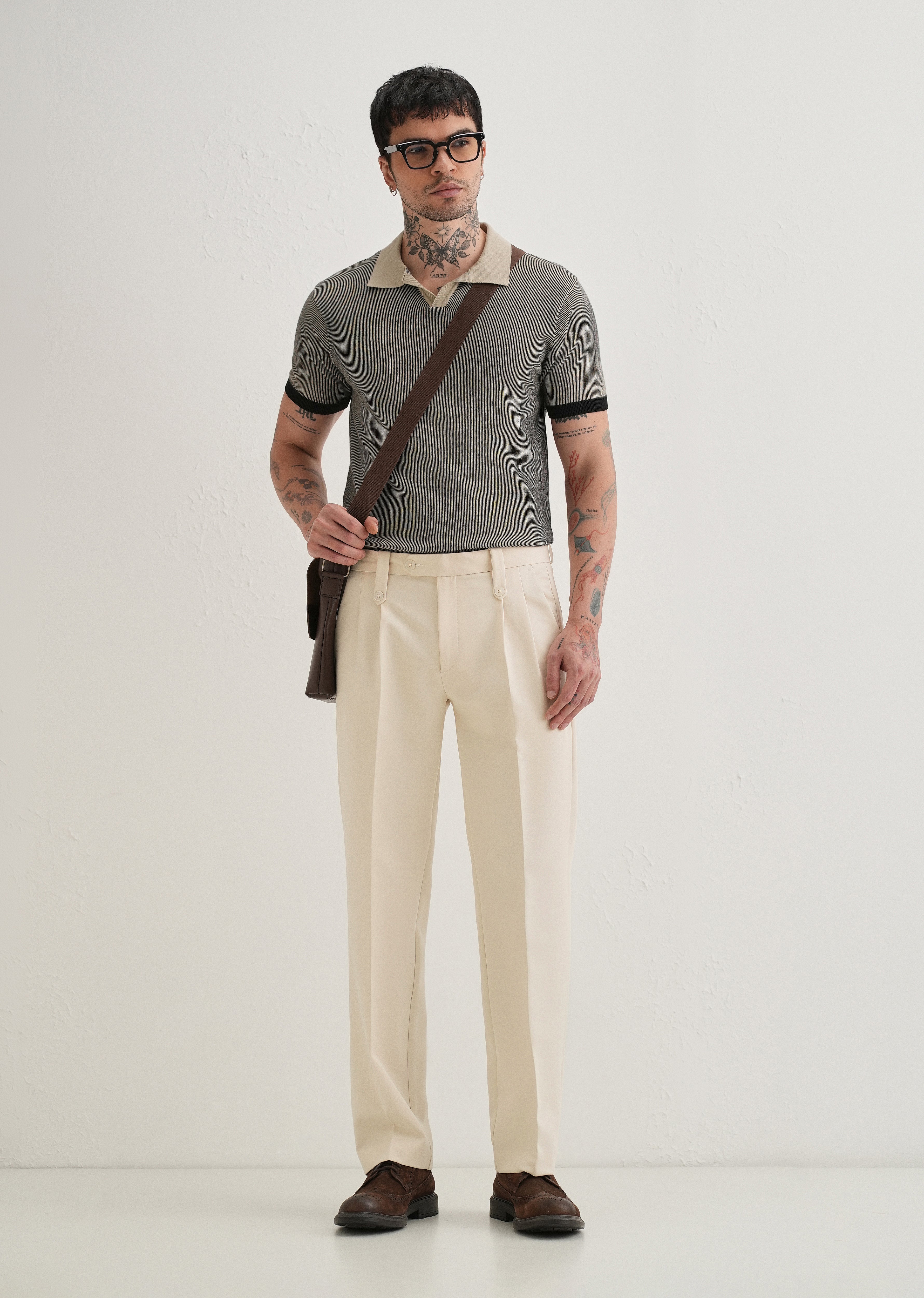 Cream Button-Tab Pleat Trouser