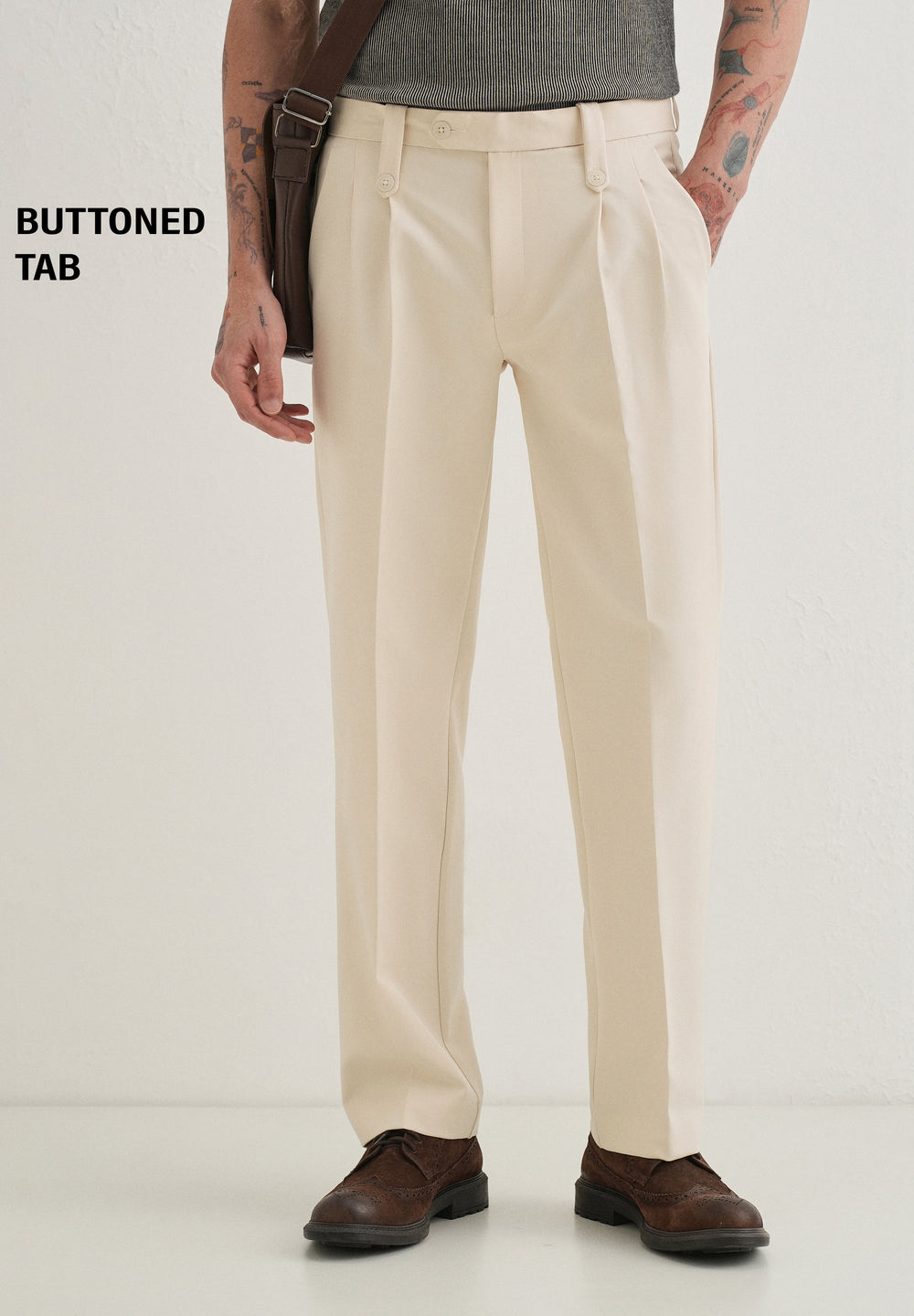 Cream Button-Tab Pleat Trouser