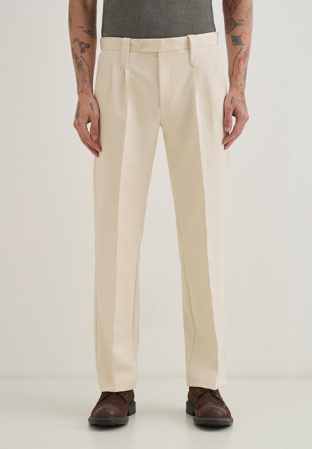 Cream Button-Tab Pleat Trouser