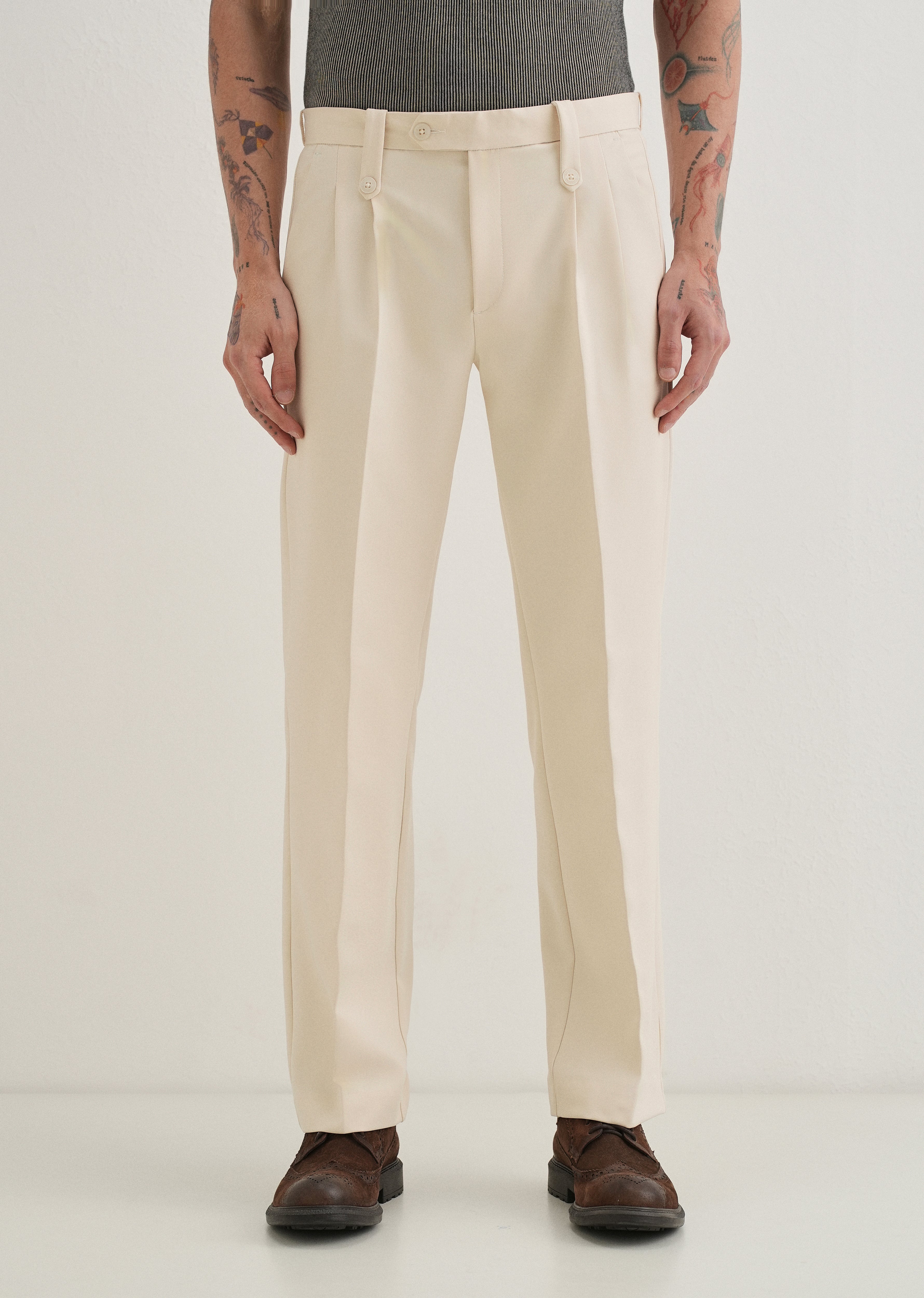 Cream Button-Tab Pleat Trouser