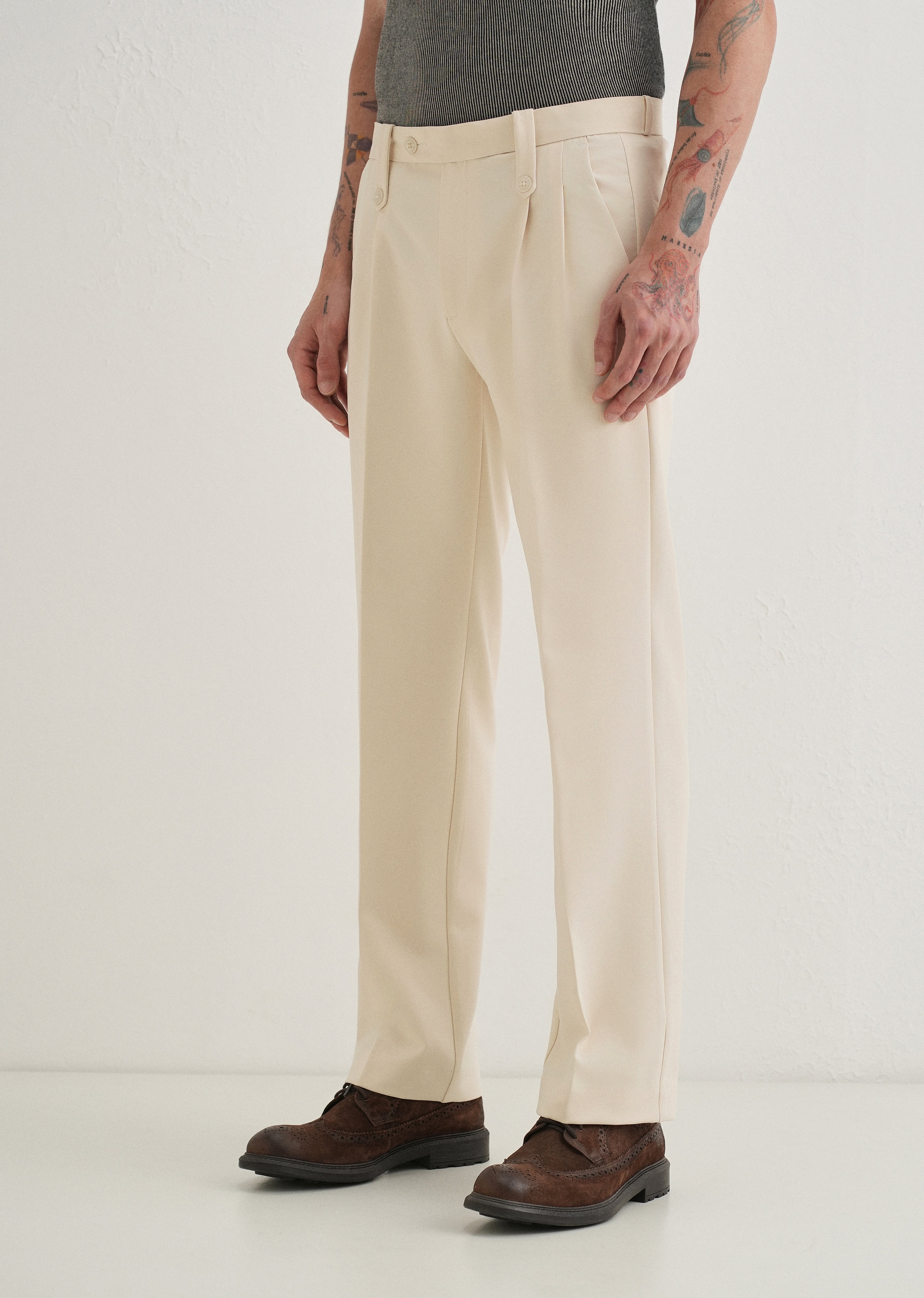 Cream Button-Tab Pleat Trouser