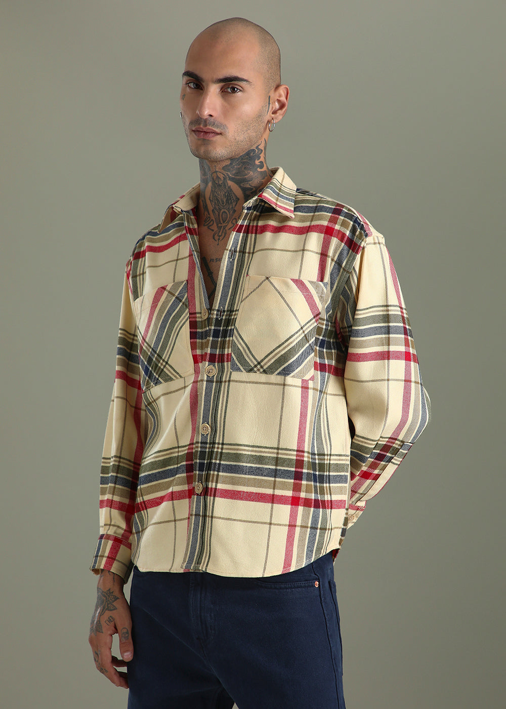 Cream Checked Relaxed Fit Shacket