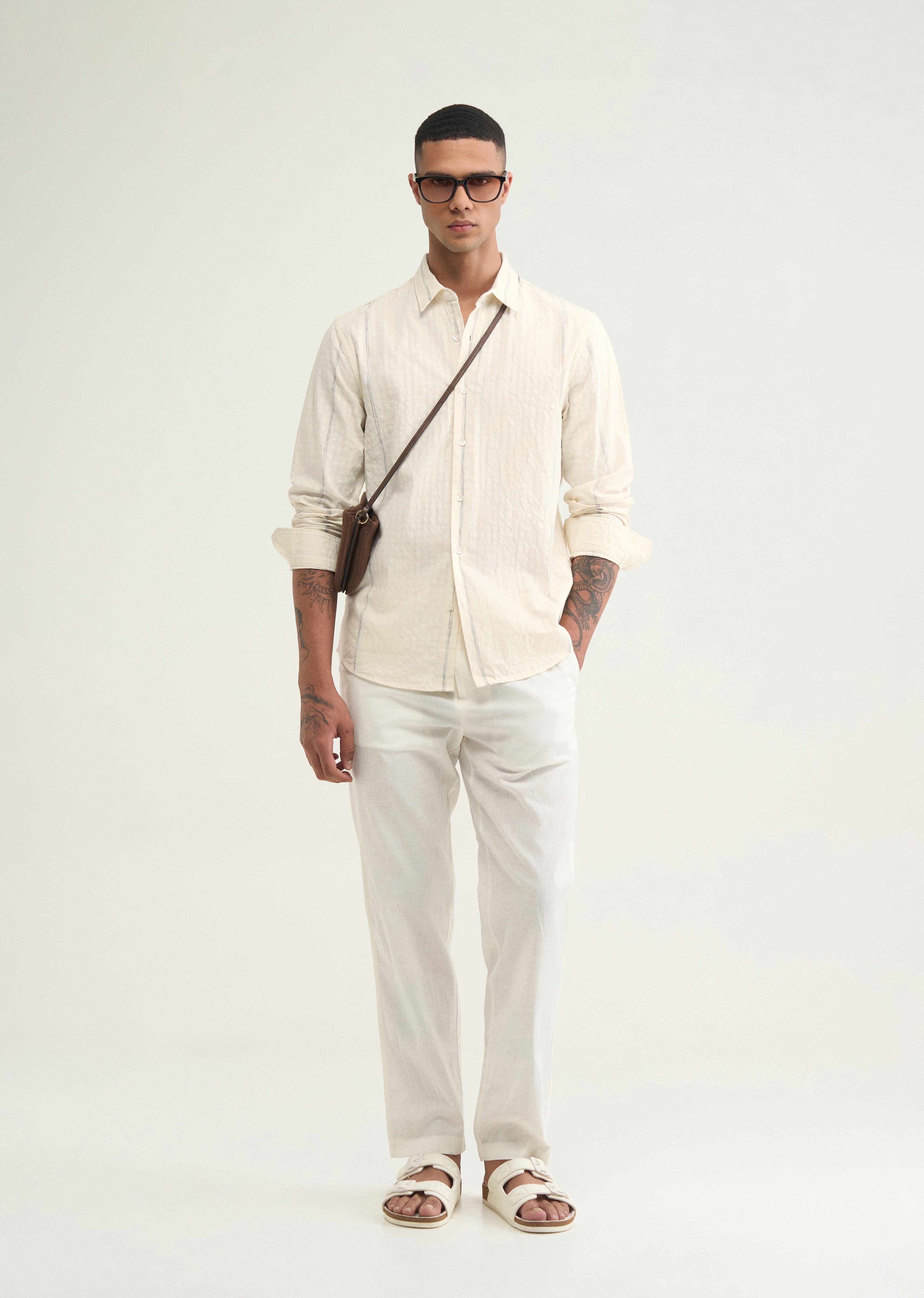 Cream Contrast Striped Cotton Shirt