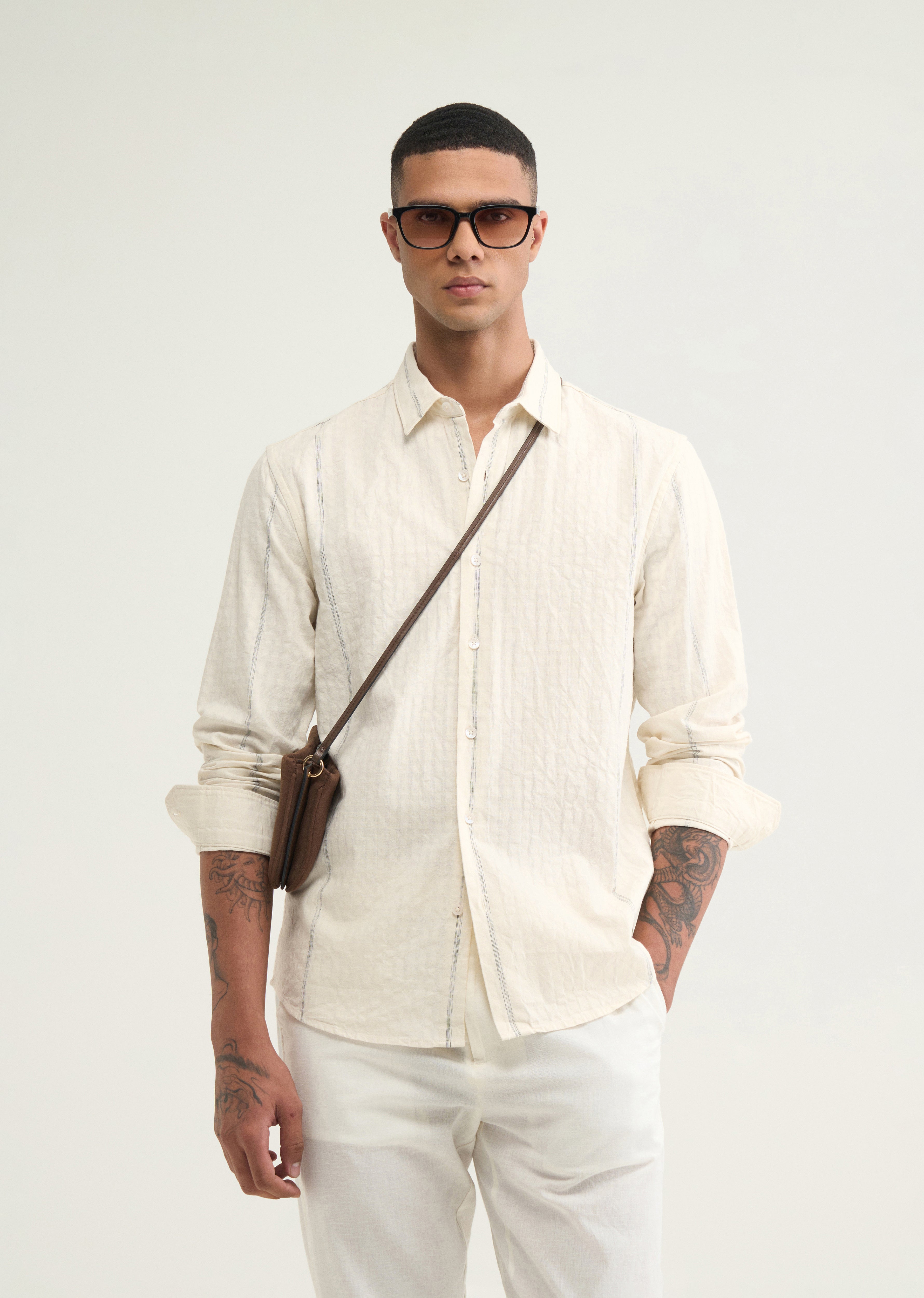 Cream Contrast Striped Cotton Shirt