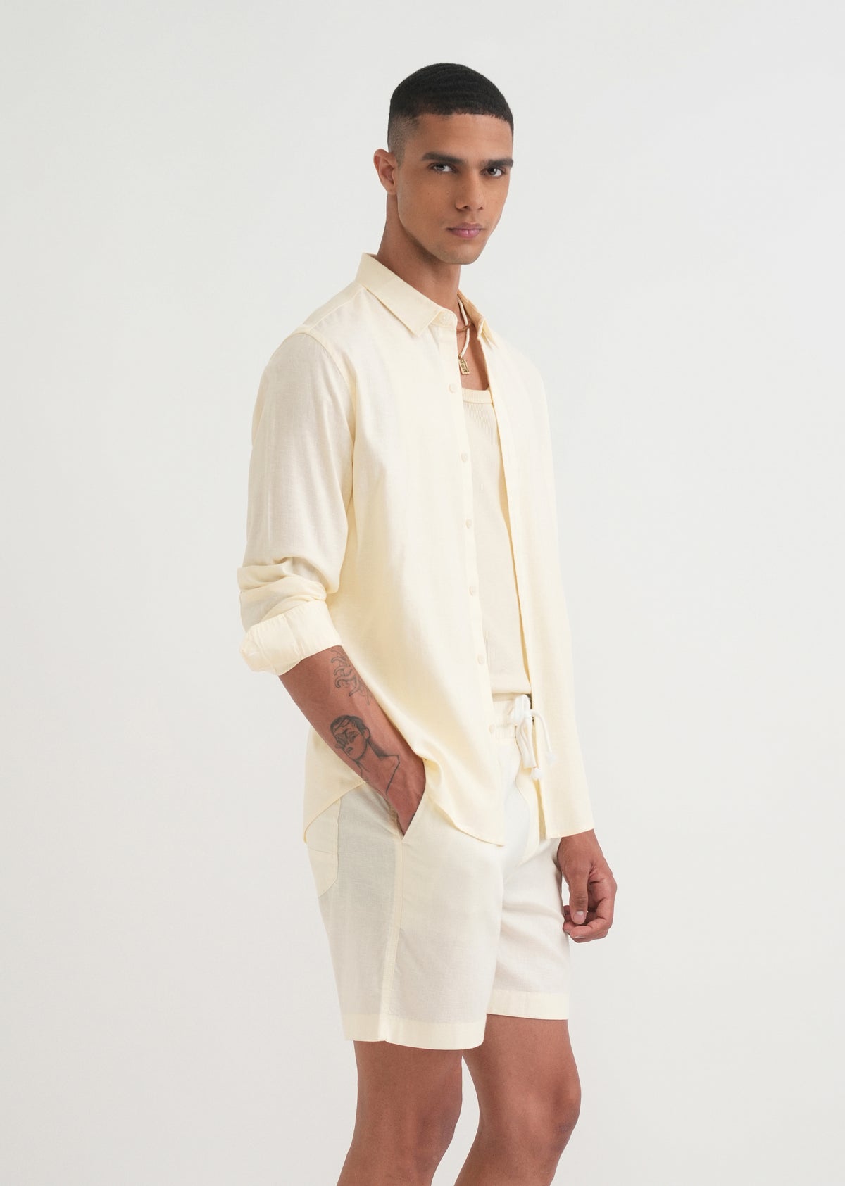 Cream Cotton Blend Regular Fit Shirt