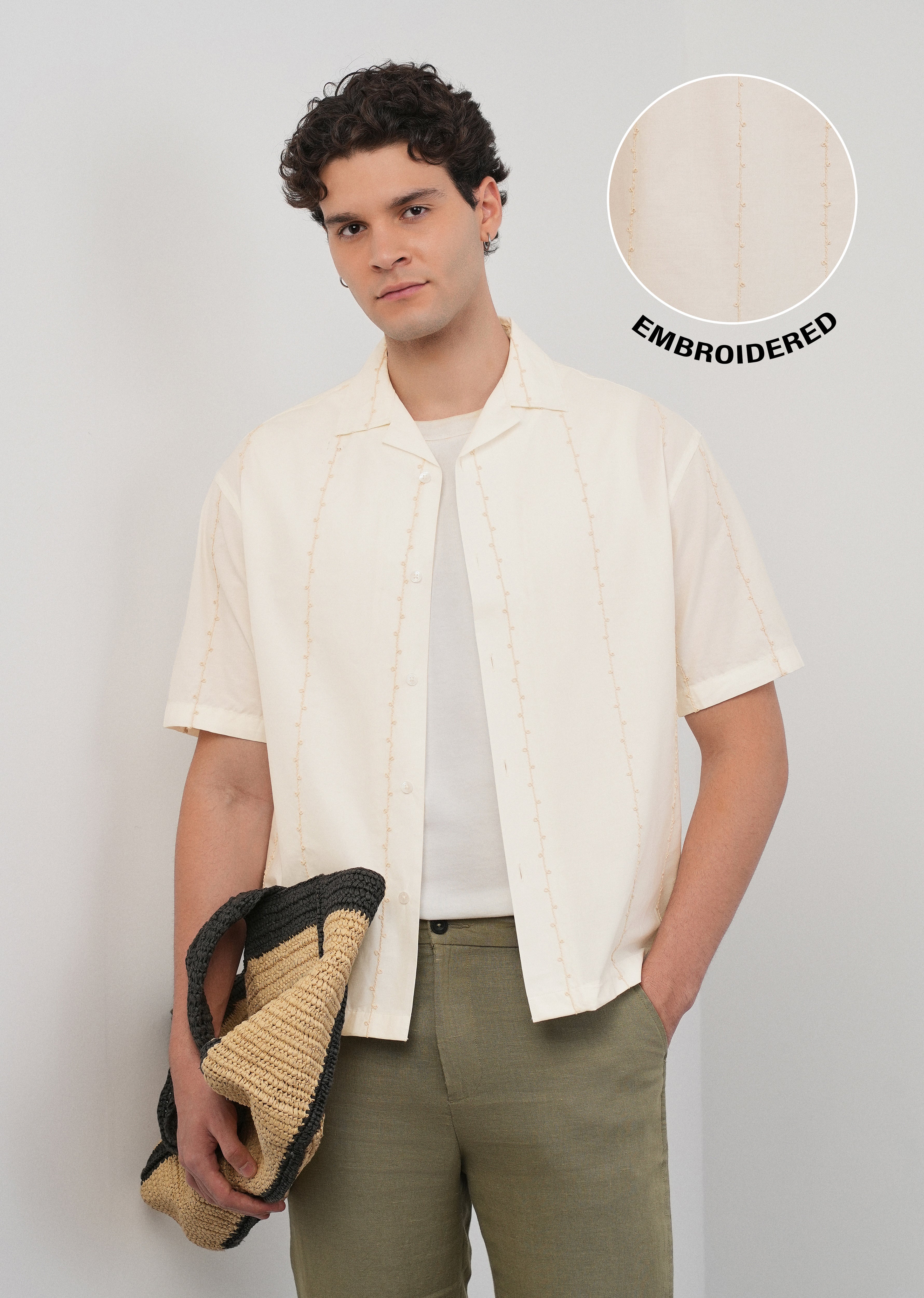Cream Cotton Embroidery Shirt
