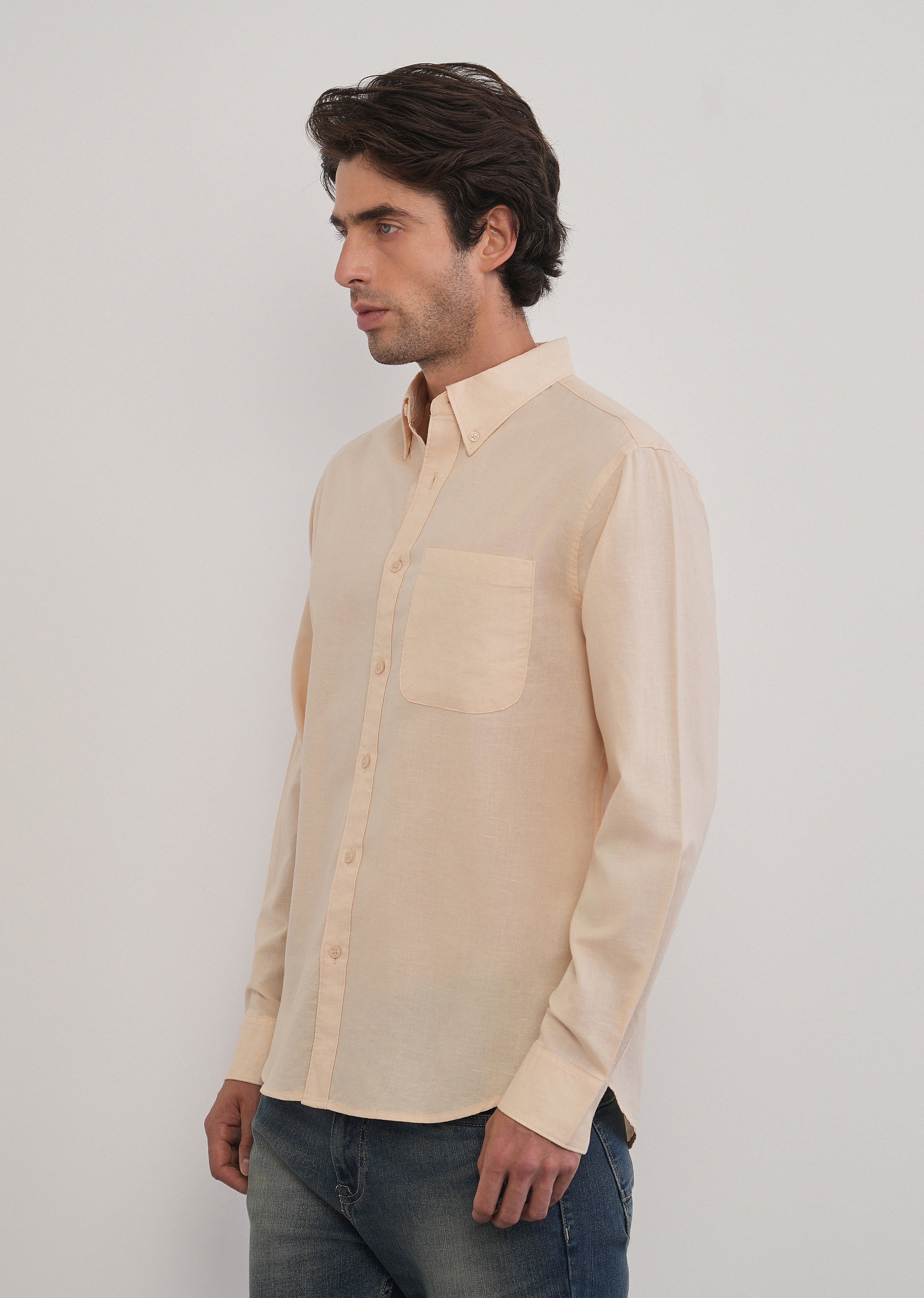 Cream Cotton Linen Plain Shirt