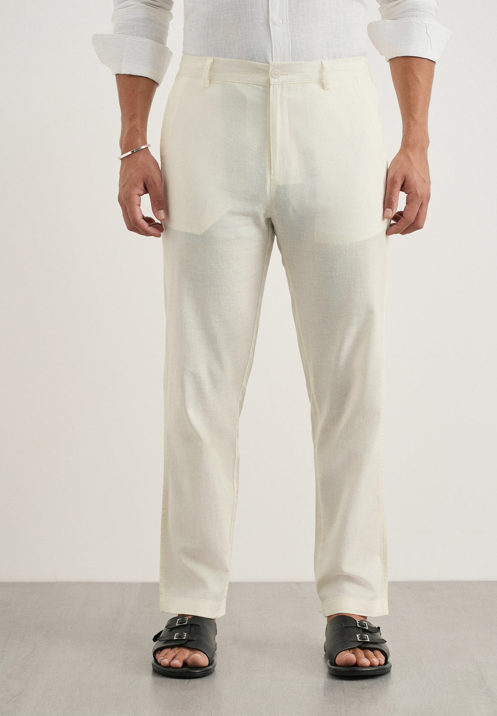 Cream Cotton Linen Regular Fit Pant