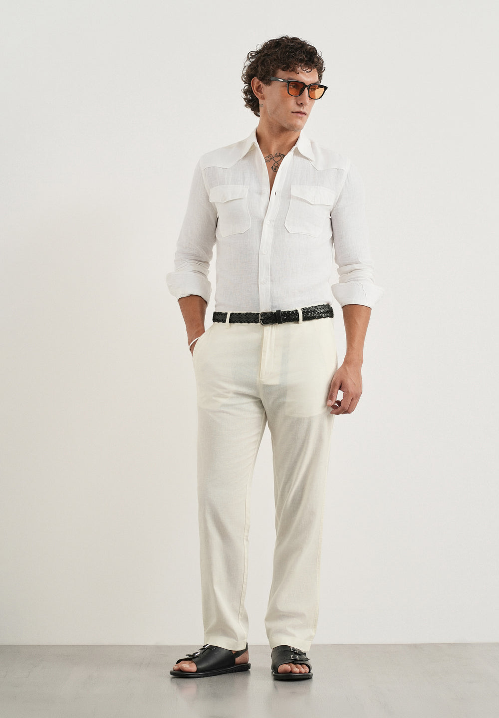 Cream Cotton Linen Regular Fit Pant