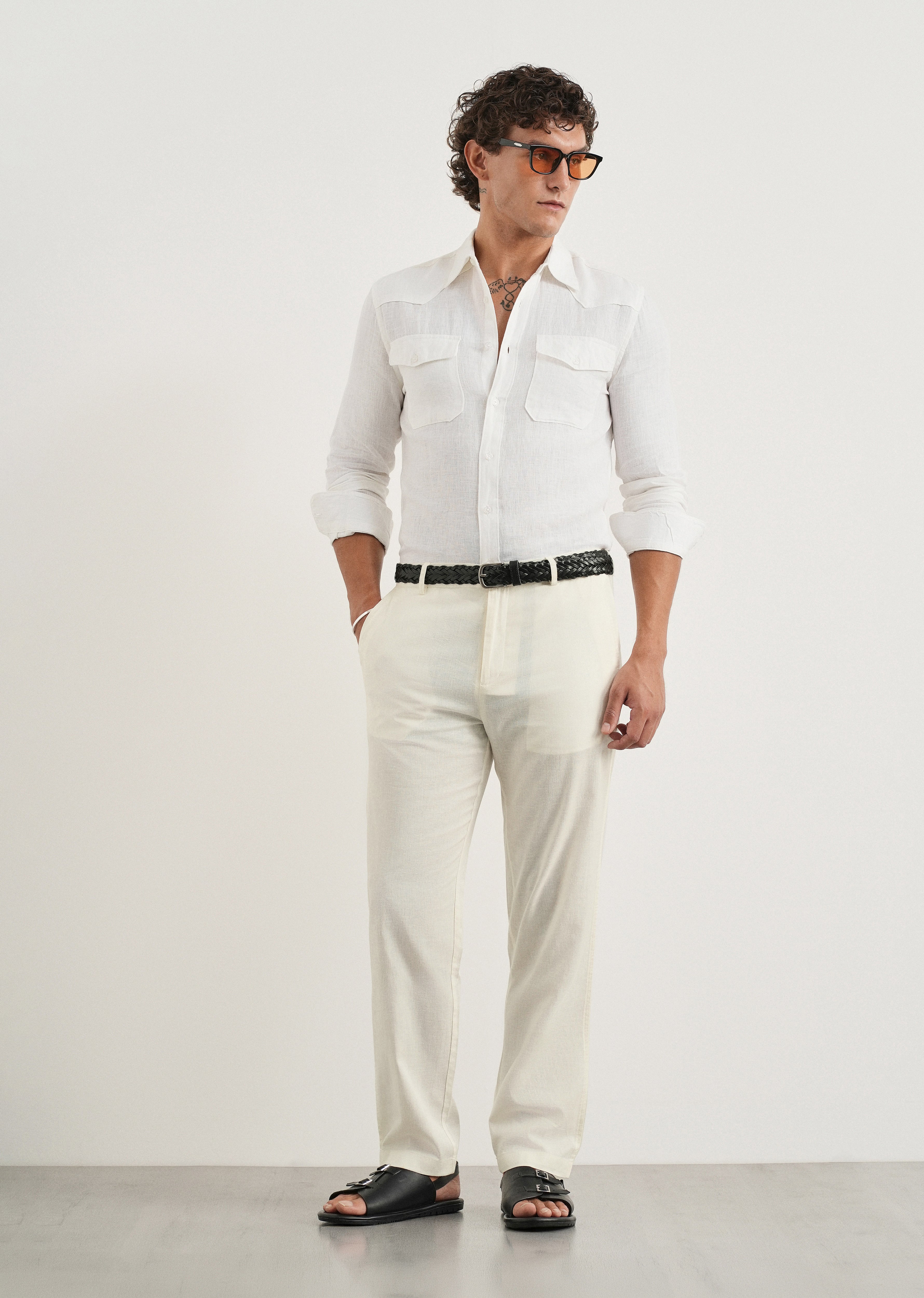 Cream Cotton Linen Regular Fit Pant