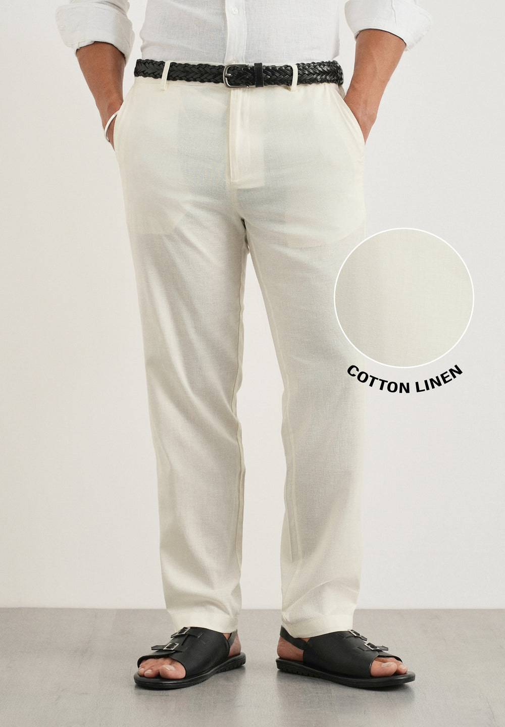 Cream Cotton Linen Regular Fit Pant