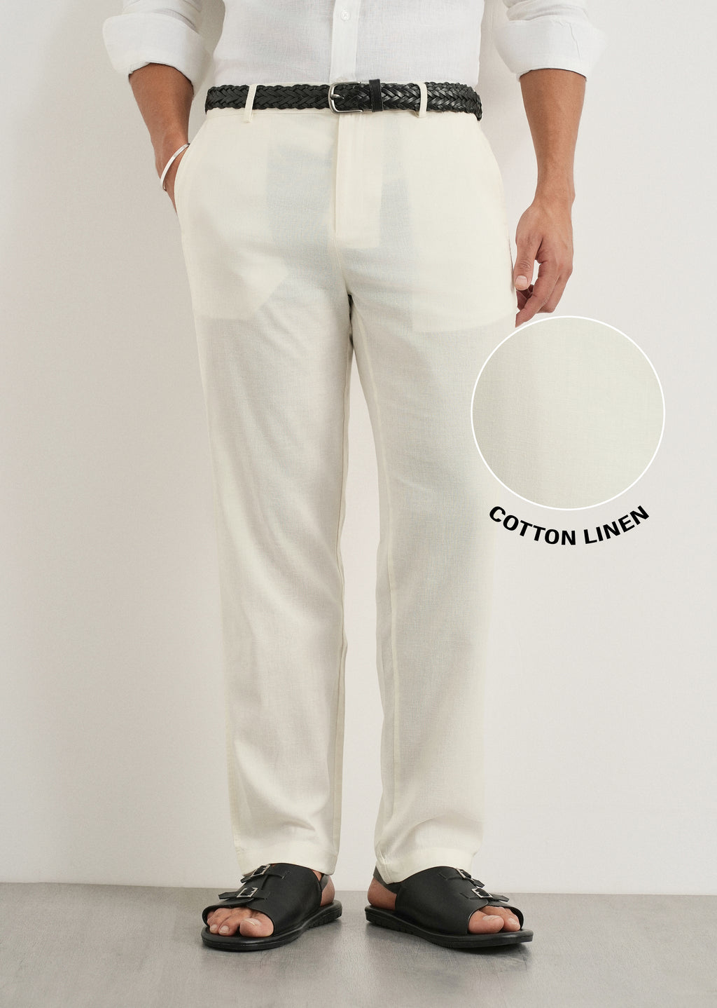 Cream Cotton Linen Regular Fit Pant