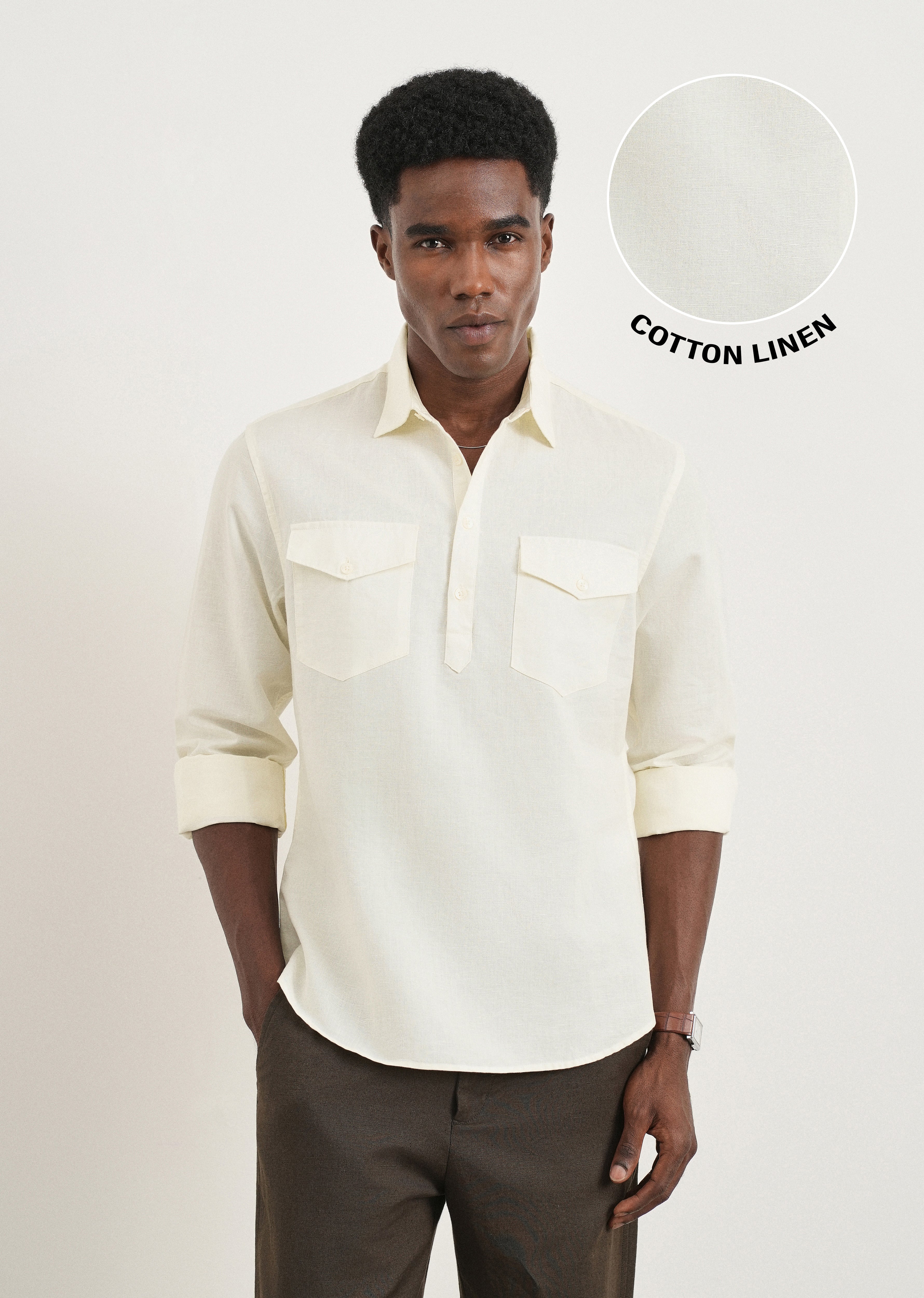 Cream Cotton Linen Short Kurta