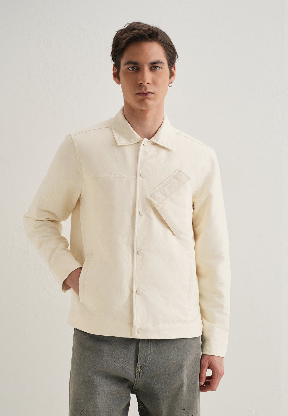 Cream Cross Pocket Self Pattern Shacket