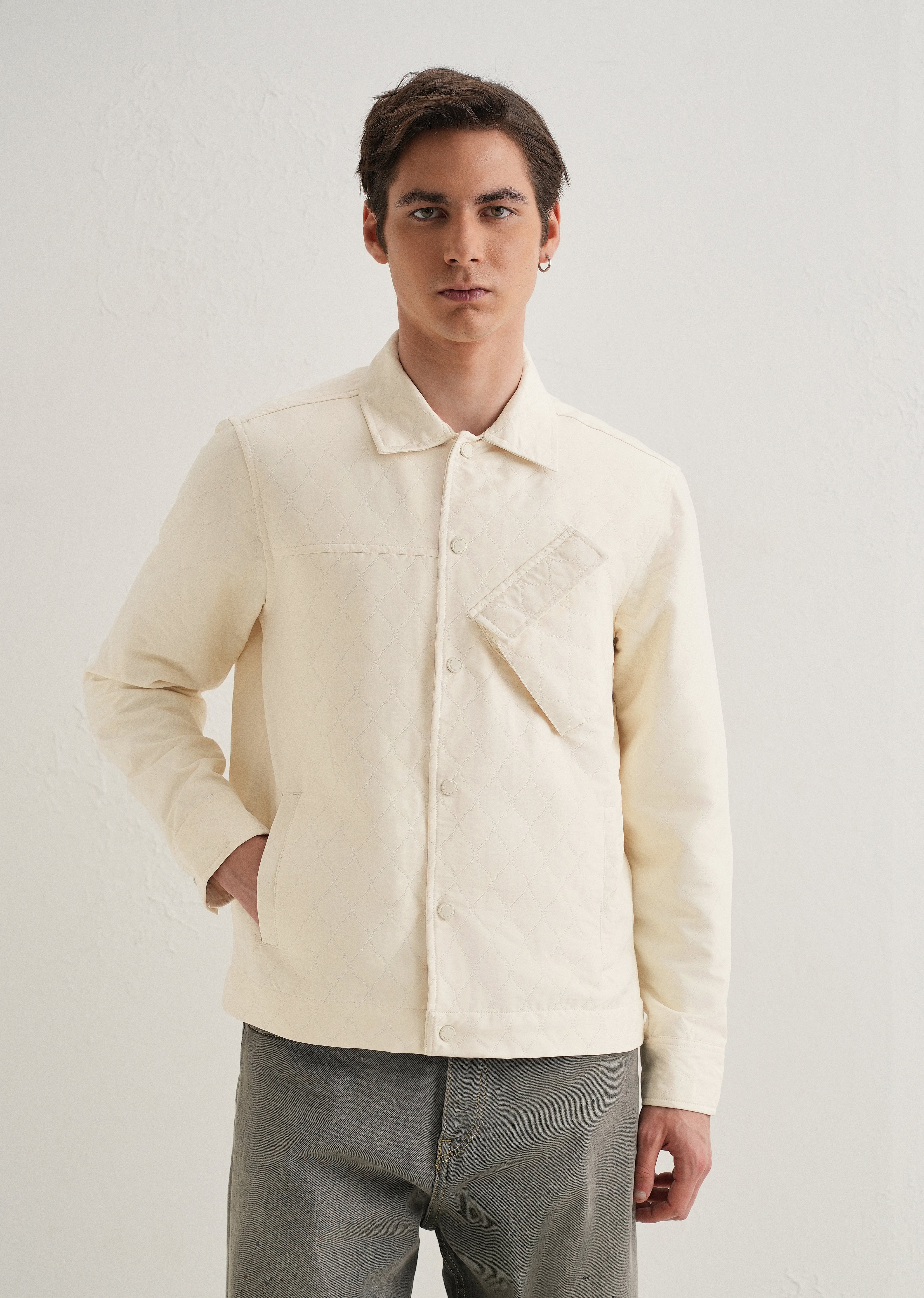 Cream Cross Pocket Self Pattern Shacket