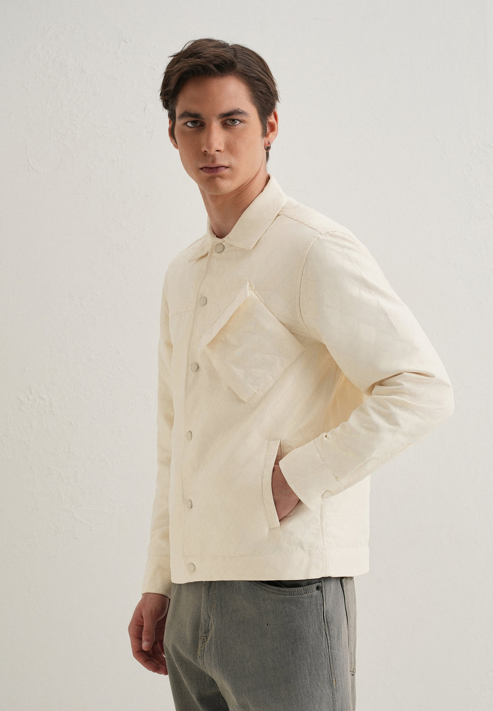 Cream Cross Pocket Self Pattern Shacket