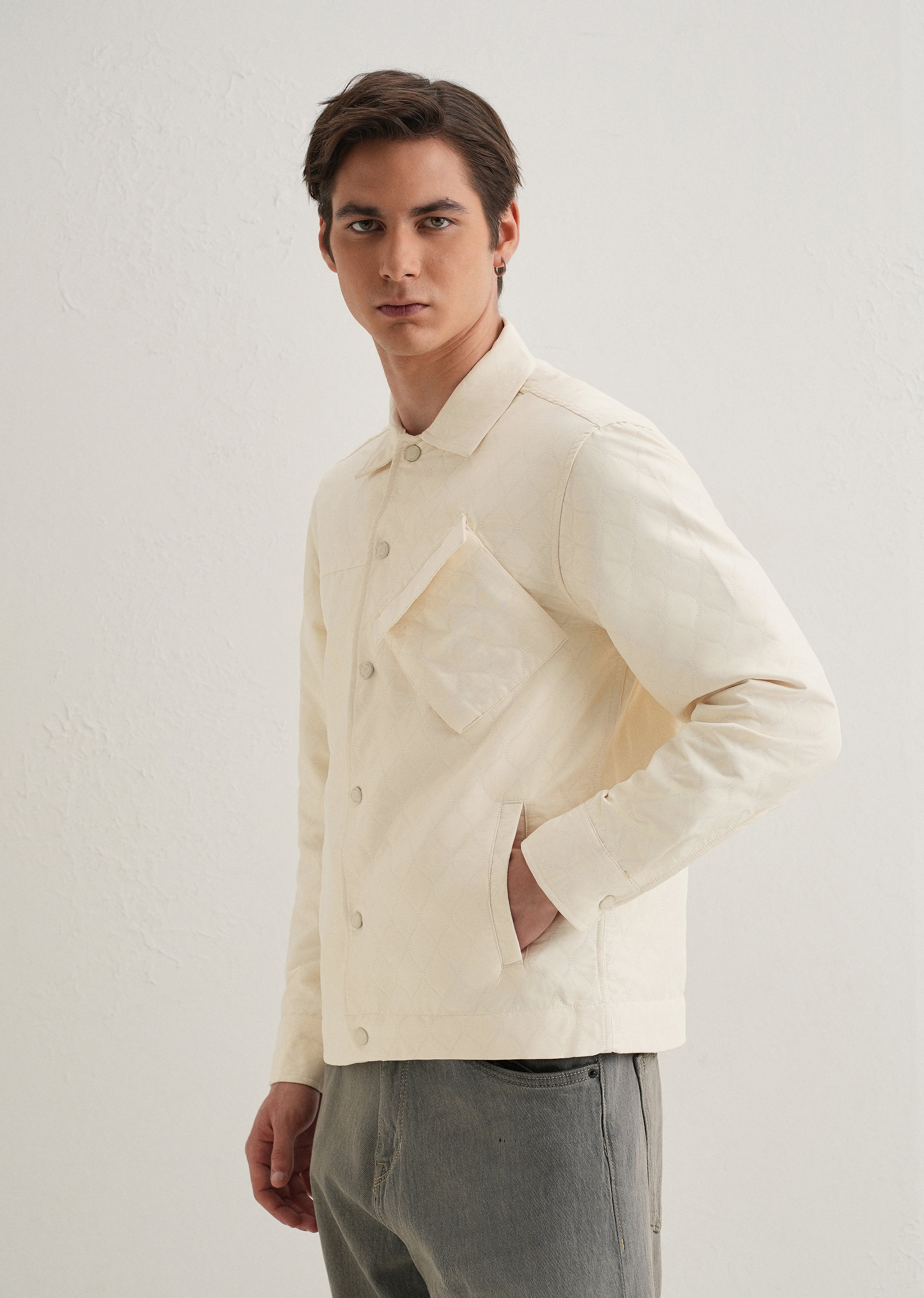 Cream Cross Pocket Self Pattern Shacket