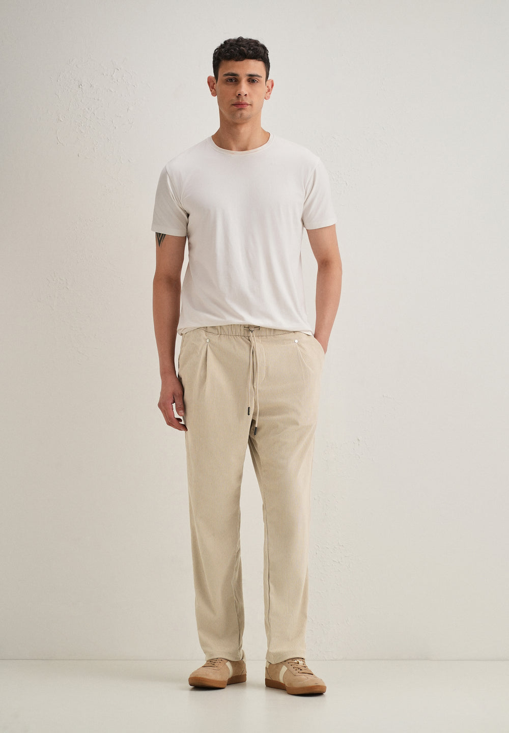 Cream Drawstring Corduroy Pant