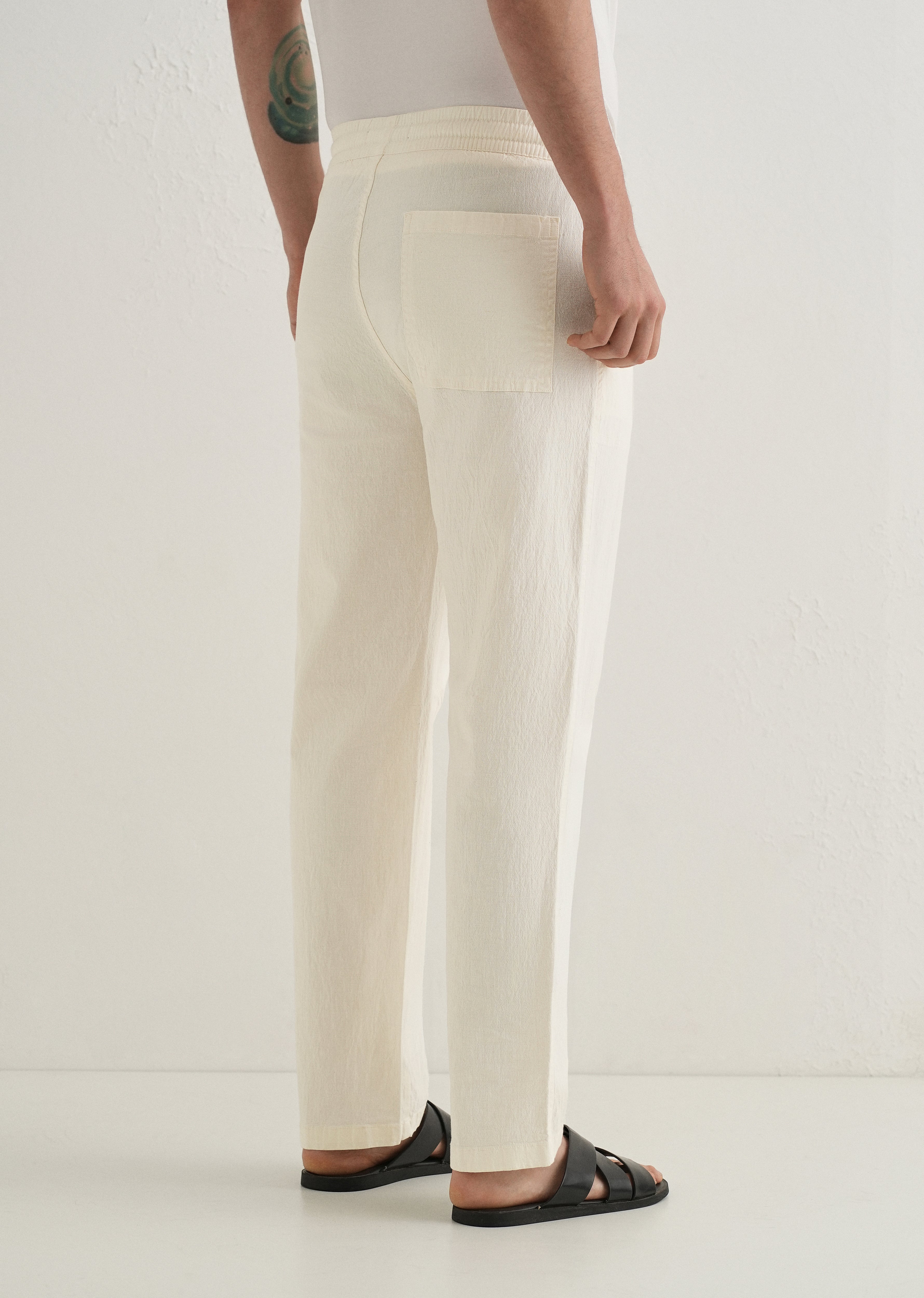 Cream Drawstring Cotton Linen Pant