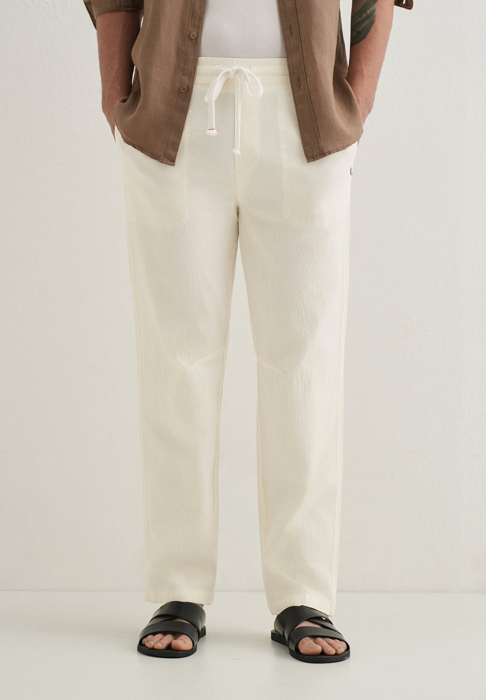 Cream Drawstring Cotton Linen Pant
