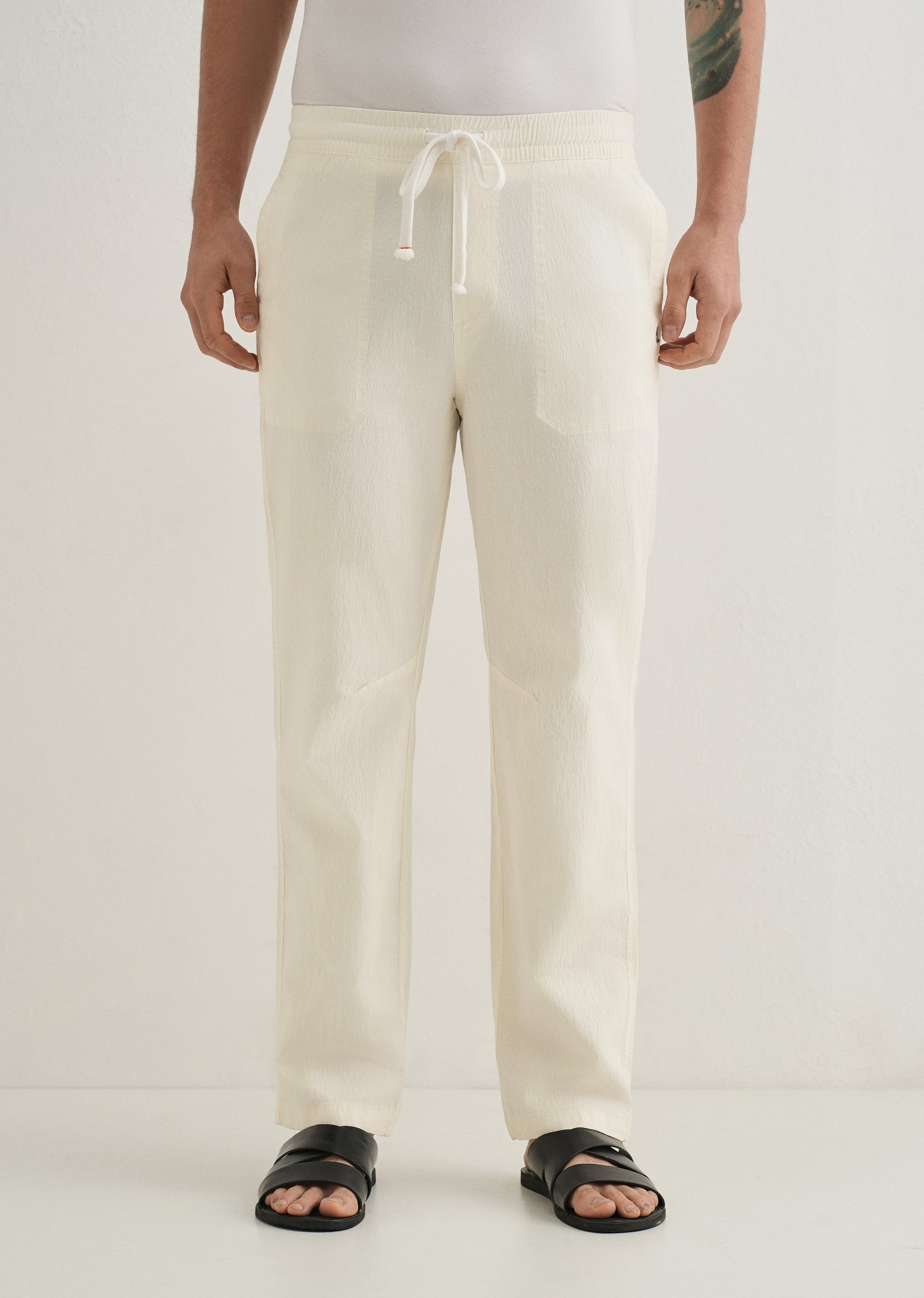 Cream Drawstring Cotton Linen Pant
