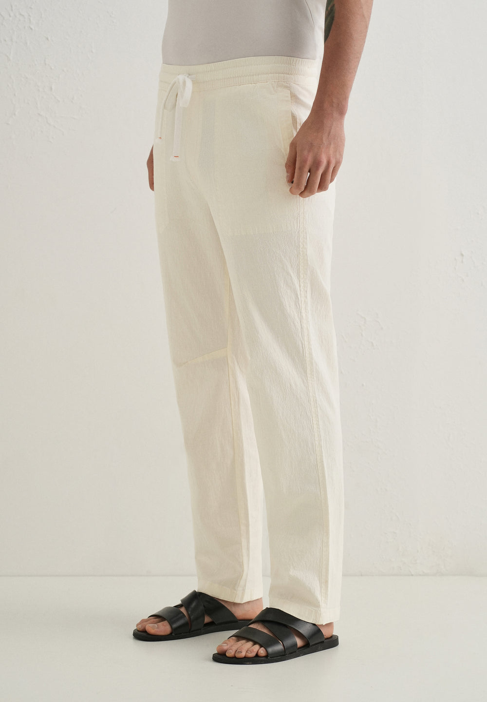 Cream Drawstring Cotton Linen Pant