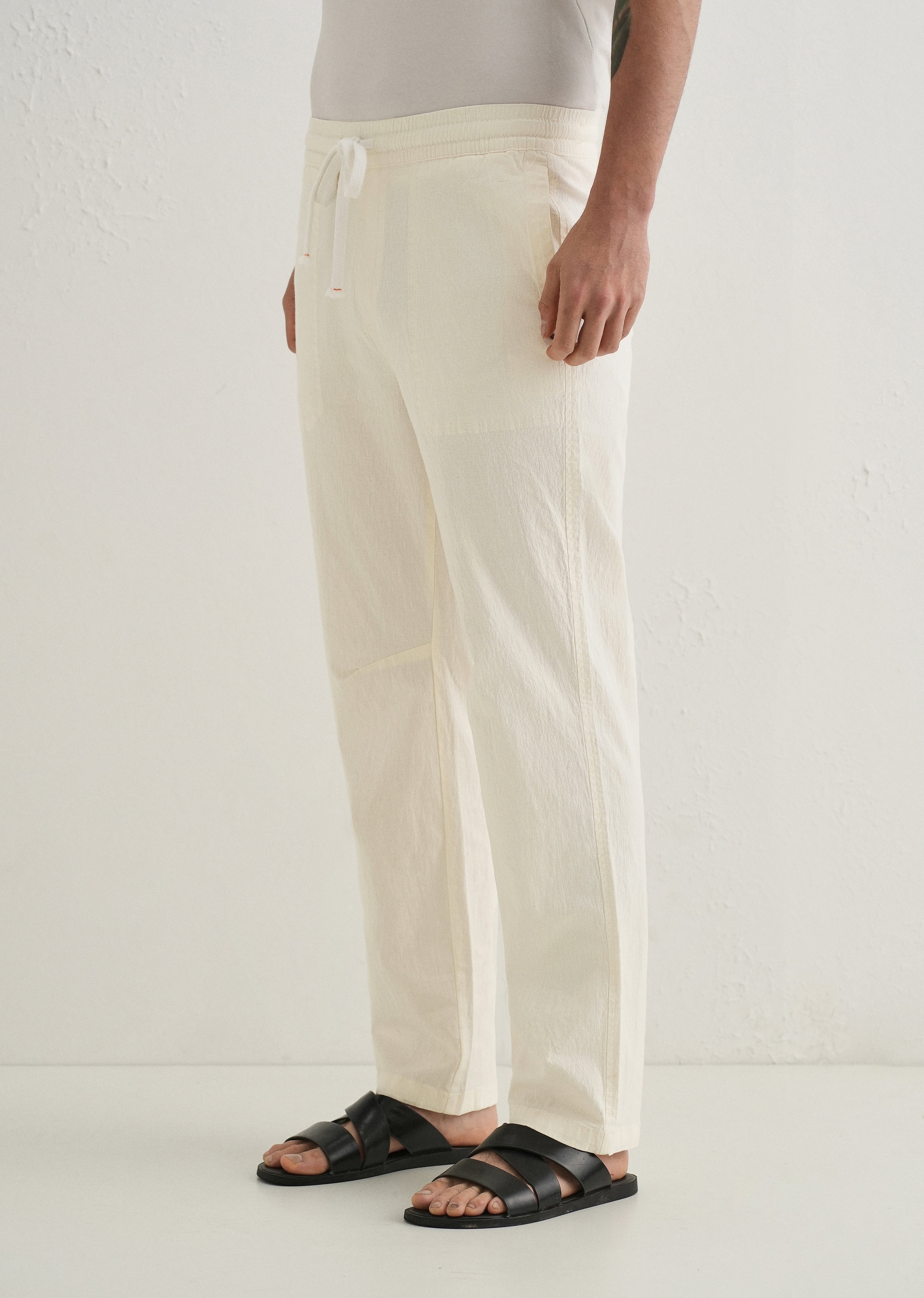 Cream Drawstring Cotton Linen Pant