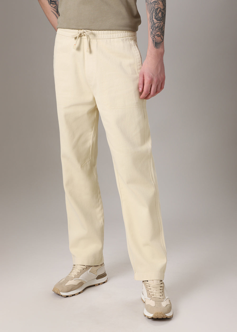 Cream Drawstring Drill Denim