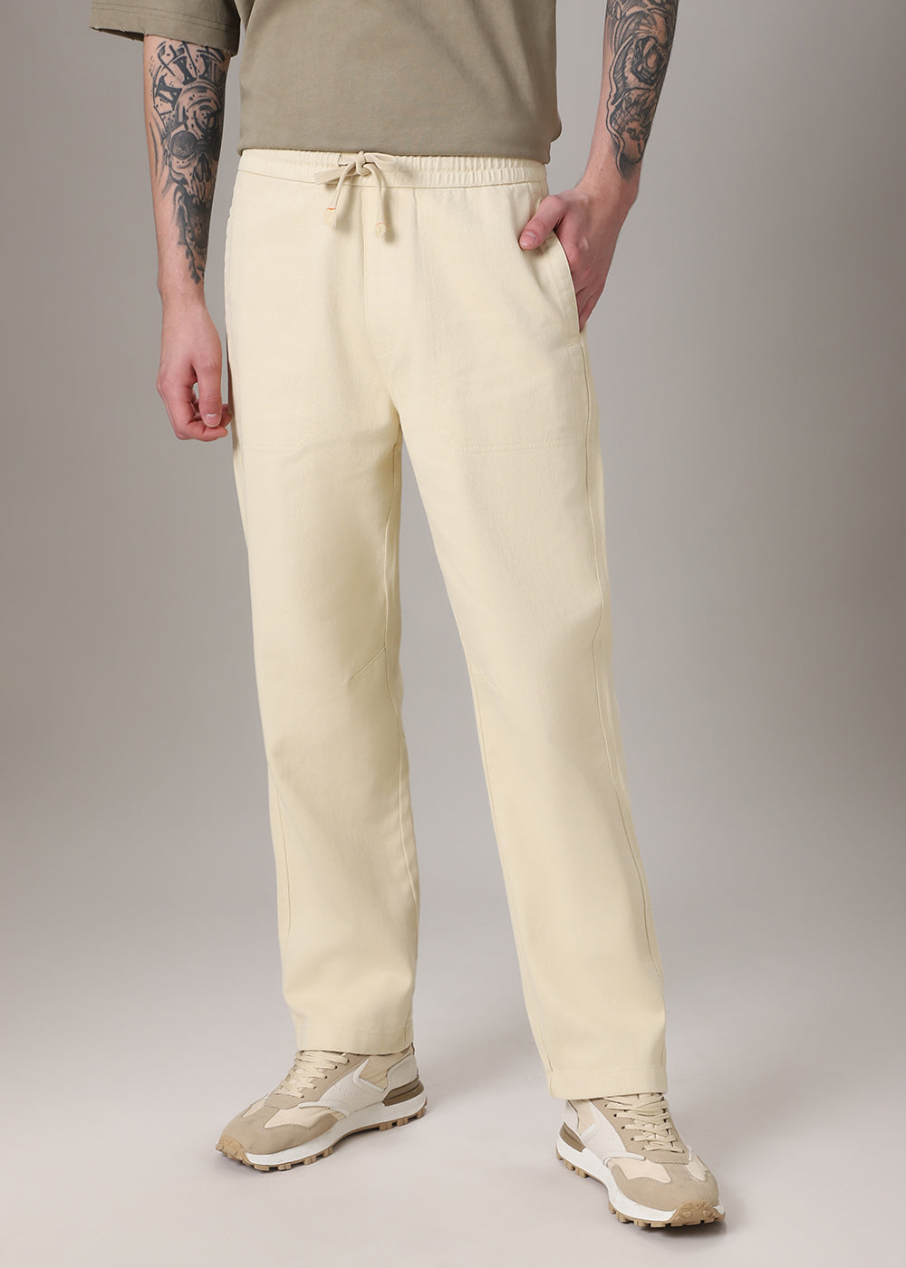 Cream Drawstring Drill Denim