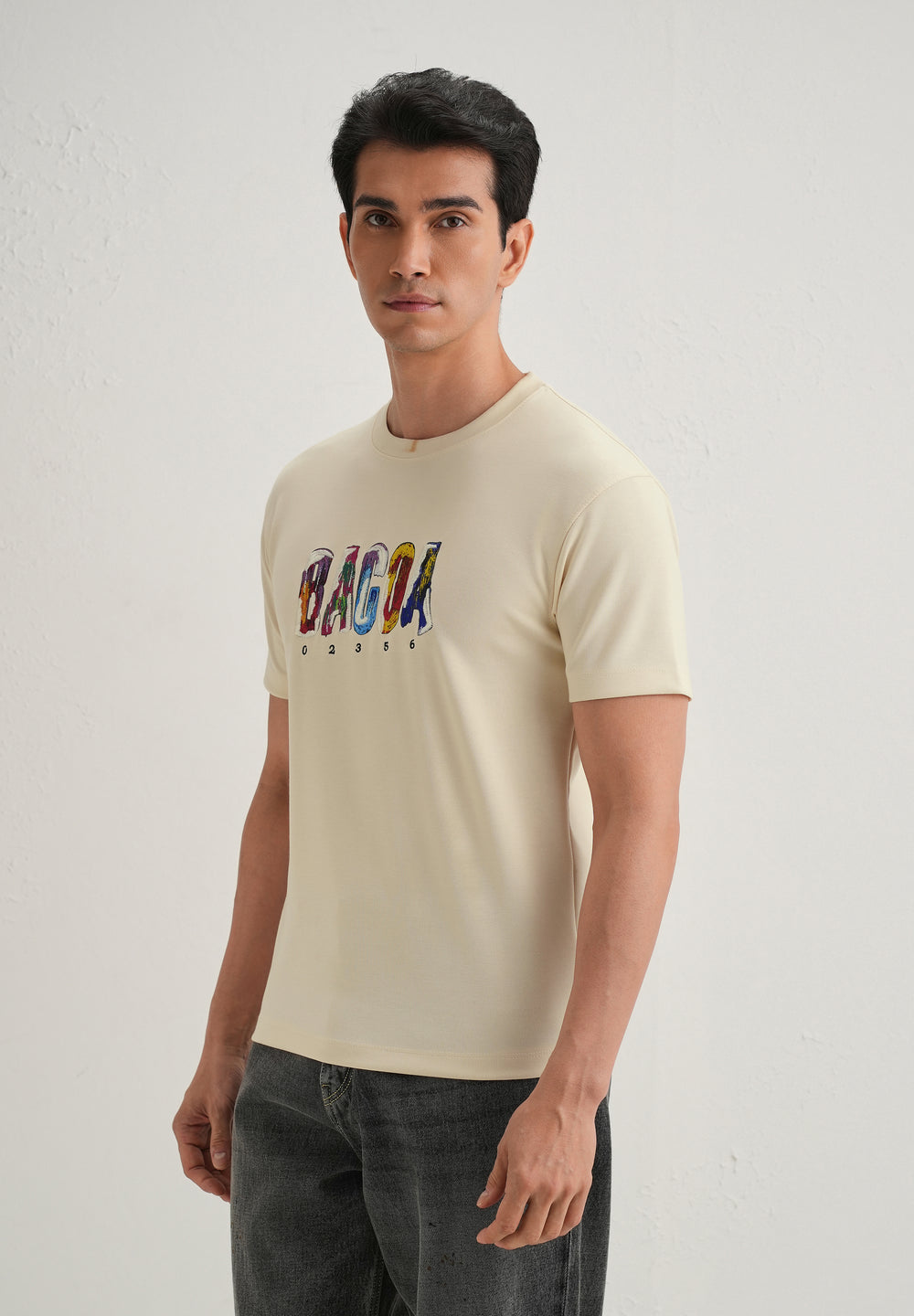 Cream Embroidered Graphic Print T-Shirt