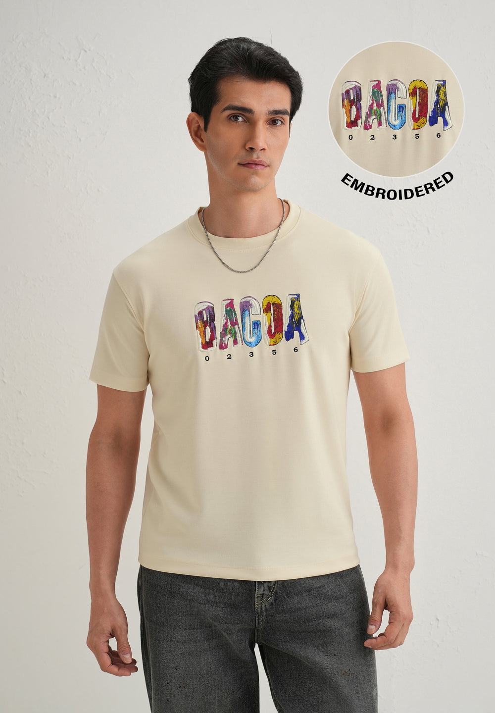 Cream Embroidered Graphic Print T-Shirt