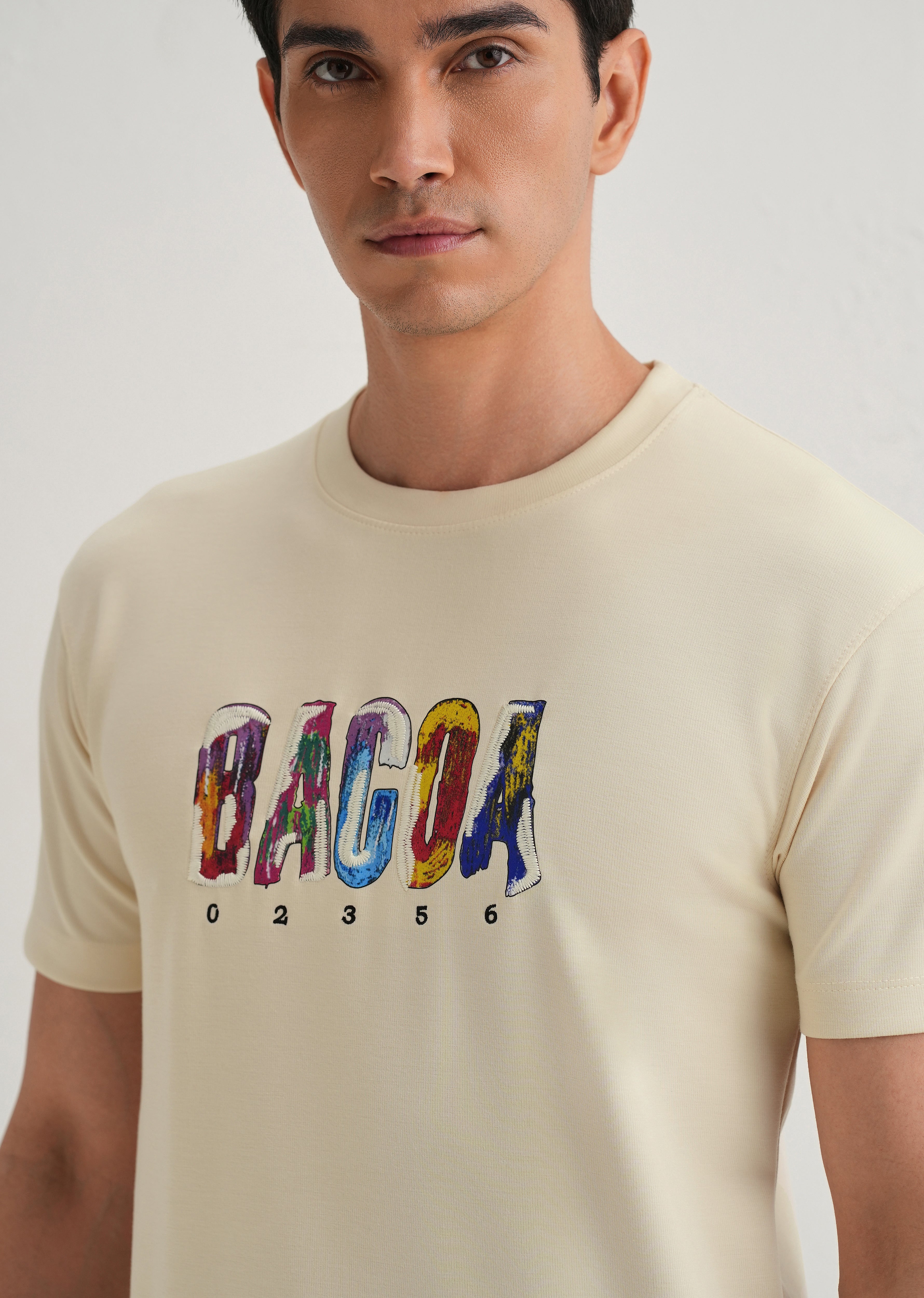 Cream Embroidered Graphic Print T-Shirt