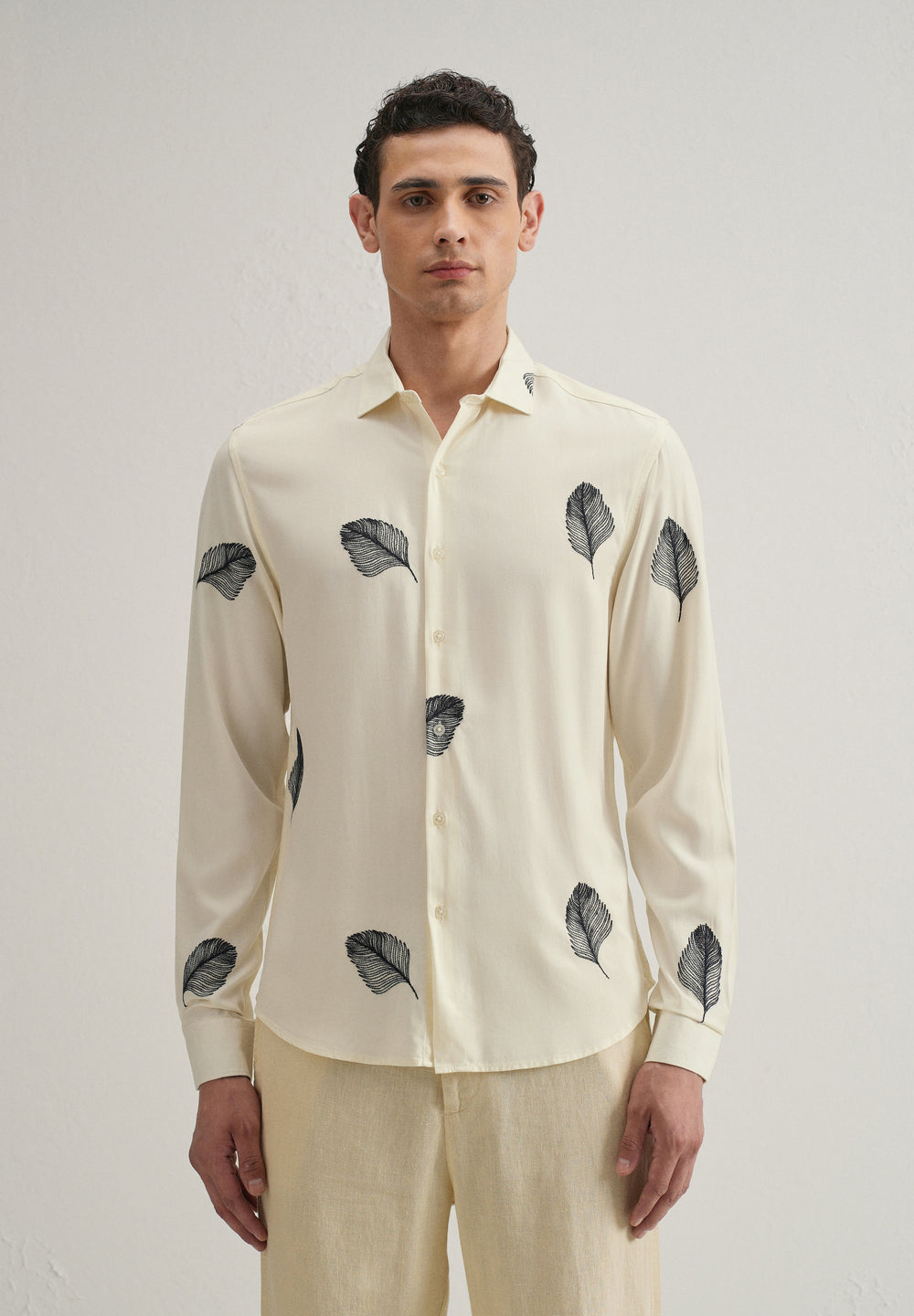 Cream Feather Embroidery Shirt