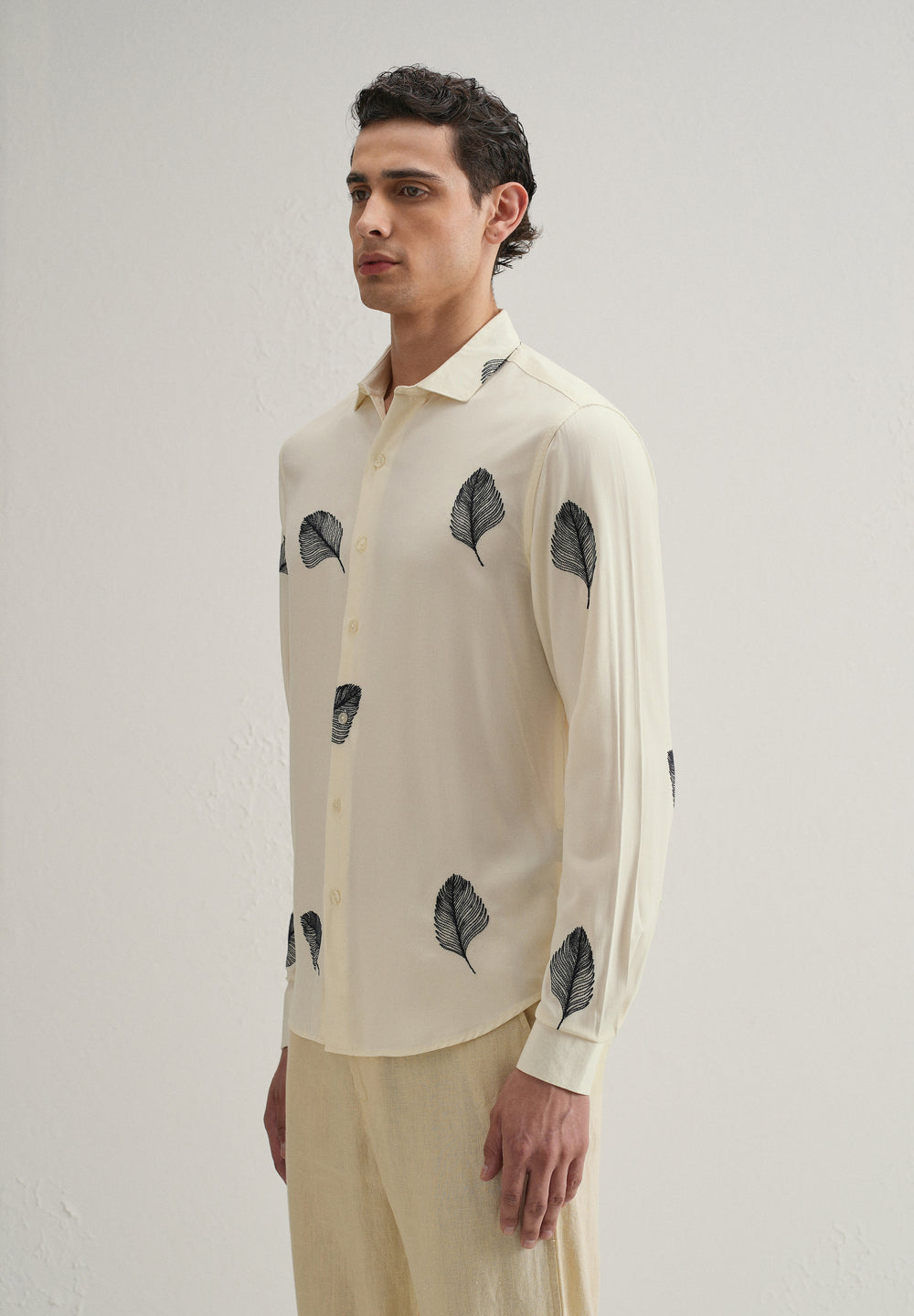 Cream Feather Embroidery Shirt