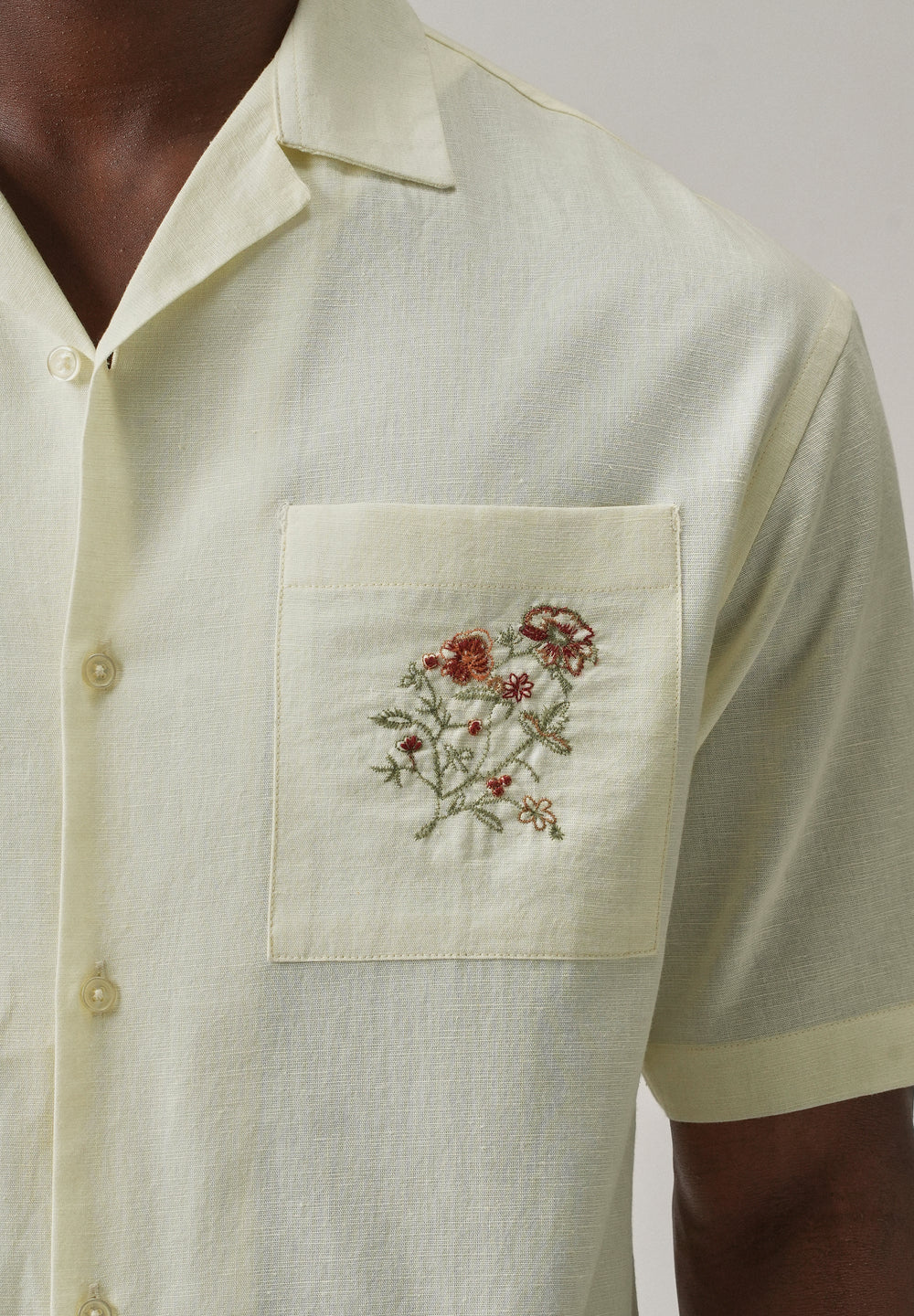 Cream Floral Embroidery Linen Shirt