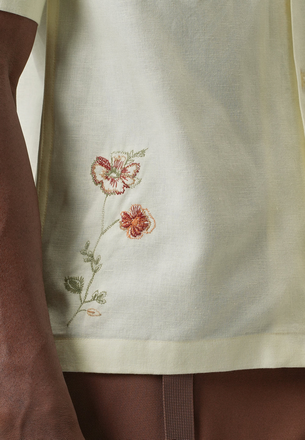 Cream Floral Embroidery Linen Shirt
