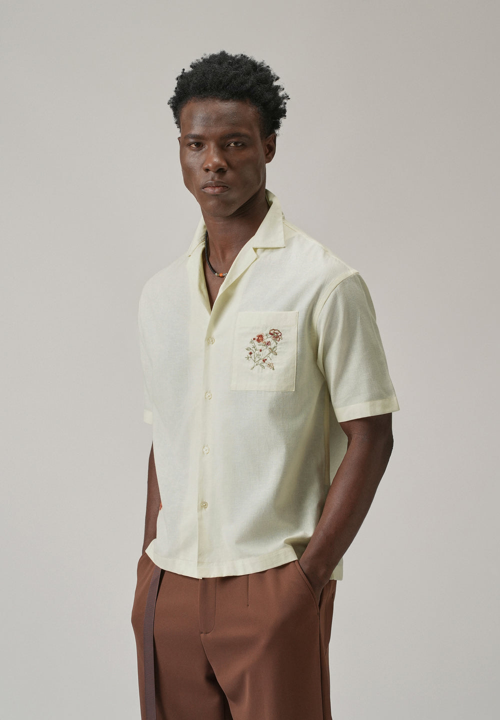 Cream Floral Embroidery Linen Shirt