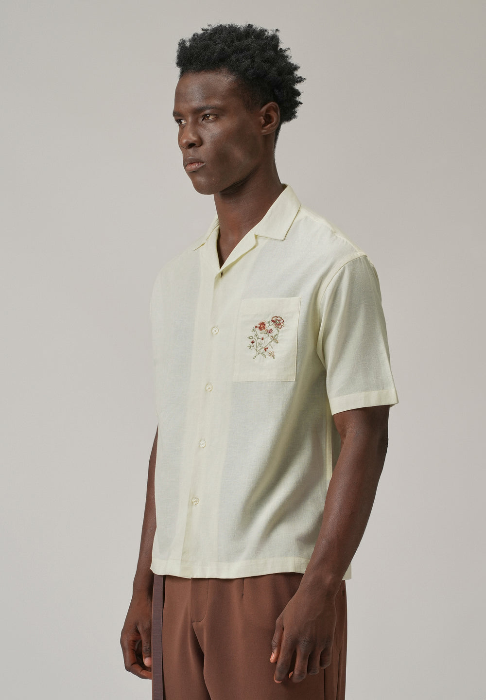 Cream Floral Embroidery Linen Shirt