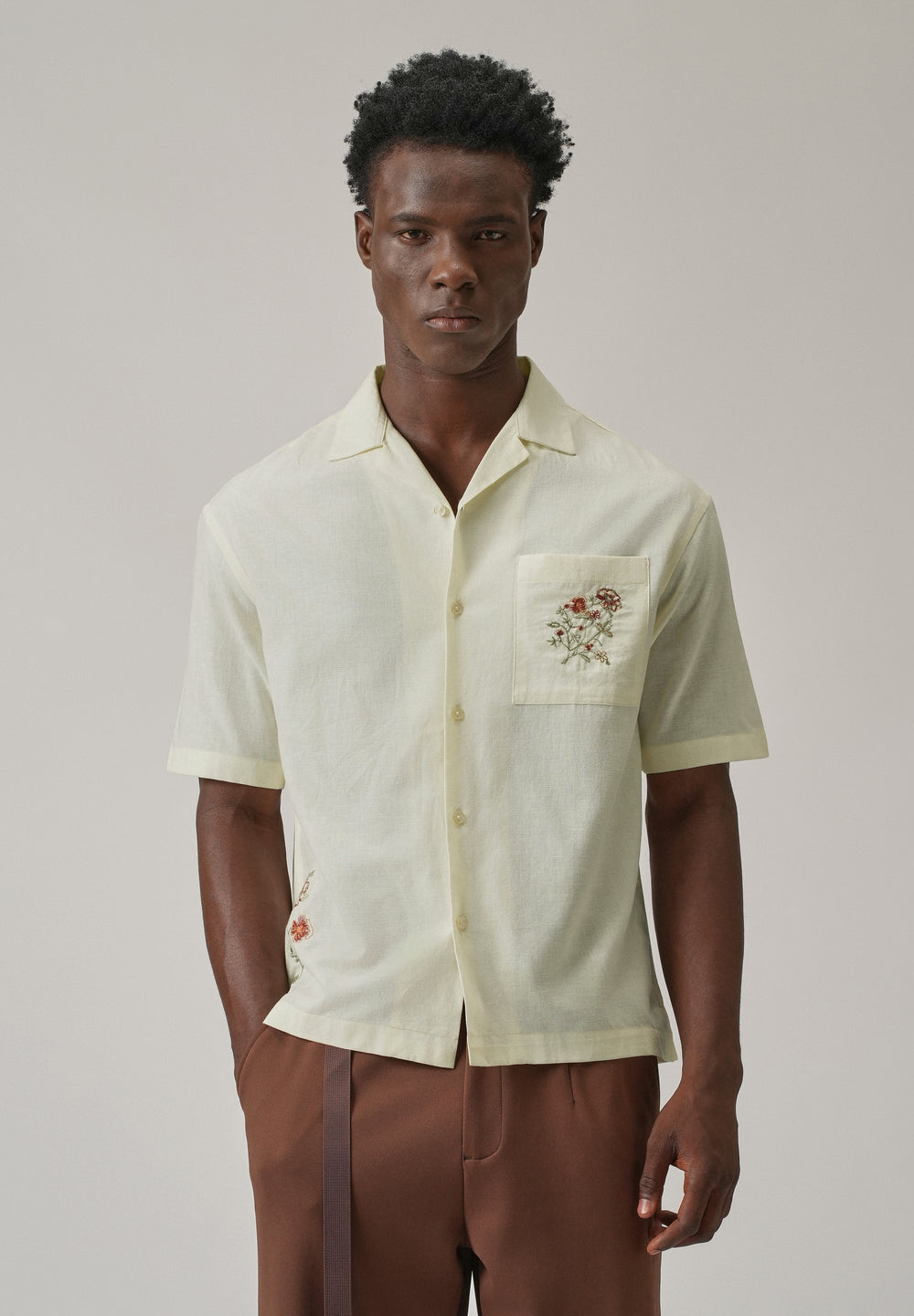Cream Floral Embroidery Linen Shirt